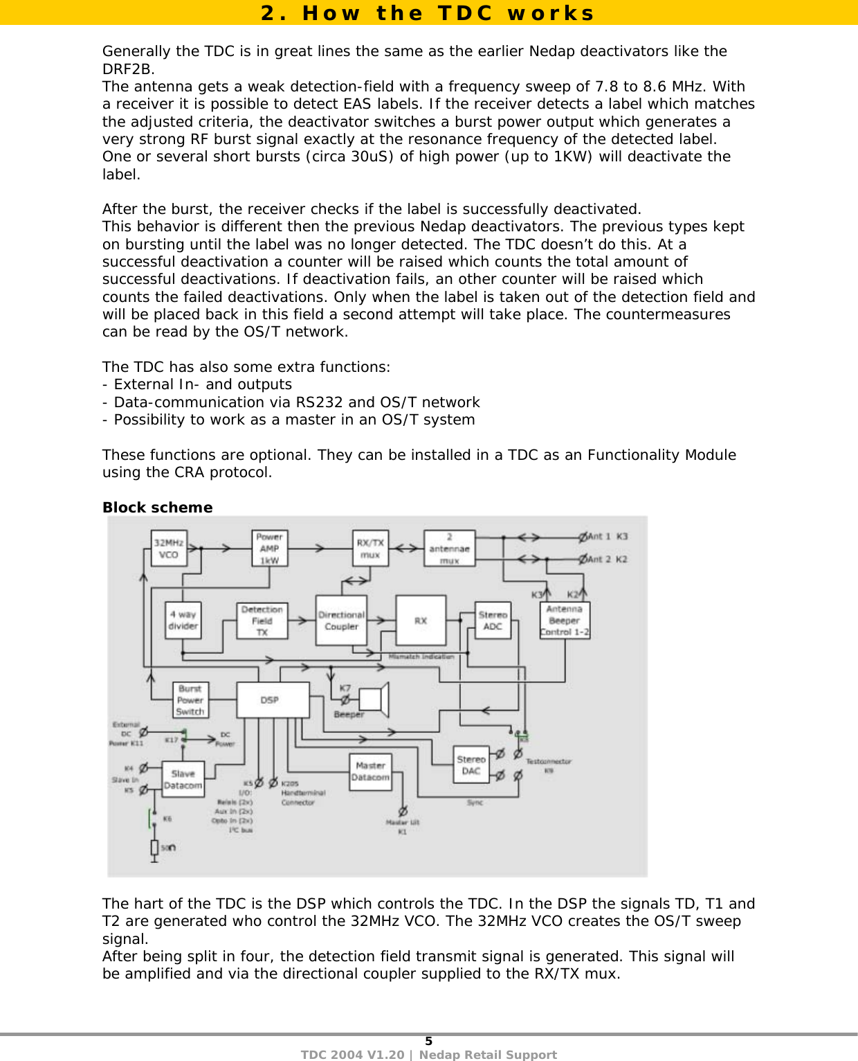 5 TDC 2004 V1.20 | Nedap Retail Support   Generally the TDC is in great lines the same as the earlier Nedap deactivators like the DRF2B. The antenna gets a weak detection-field with a frequency sweep of 7.8 to 8.6 MHz. With a receiver it is possible to detect EAS labels. If the receiver detects a label which matches the adjusted criteria, the deactivator switches a burst power output which generates a very strong RF burst signal exactly at the resonance frequency of the detected label.  One or several short bursts (circa 30uS) of high power (up to 1KW) will deactivate the label.  After the burst, the receiver checks if the label is successfully deactivated. This behavior is different then the previous Nedap deactivators. The previous types kept on bursting until the label was no longer detected. The TDC doesn’t do this. At a successful deactivation a counter will be raised which counts the total amount of successful deactivations. If deactivation fails, an other counter will be raised which counts the failed deactivations. Only when the label is taken out of the detection field and will be placed back in this field a second attempt will take place. The countermeasures can be read by the OS/T network.  The TDC has also some extra functions: - External In- and outputs - Data-communication via RS232 and OS/T network - Possibility to work as a master in an OS/T system  These functions are optional. They can be installed in a TDC as an Functionality Module using the CRA protocol.  Block scheme    The hart of the TDC is the DSP which controls the TDC. In the DSP the signals TD, T1 and T2 are generated who control the 32MHz VCO. The 32MHz VCO creates the OS/T sweep signal.  After being split in four, the detection field transmit signal is generated. This signal will be amplified and via the directional coupler supplied to the RX/TX mux. 2. How the TDC works 