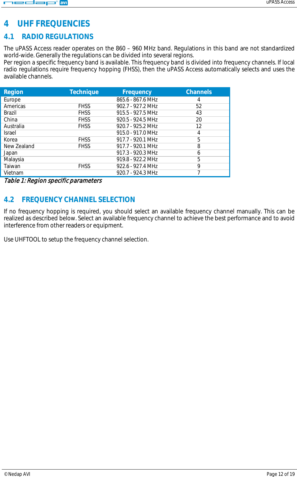   uPASS Access  © Nedap AVI Page 12 of 19  4 UHF FREQUENCIES 4.1 RADIO REGULATIONS The uPASS Access reader operates on the 860 – 960 MHz band. Regulations in this band are not standardized world-wide. Generally the regulations can be divided into several regions. Per region a specific frequency band is available. This frequency band is divided into frequency channels. If local radio regulations require frequency hopping (FHSS), then the uPASS Access automatically selects and uses the available channels.  Region Technique Frequency Channels Europe    865.6 - 867.6 MHz  4 Americas  FHSS  902.7 - 927.2 MHz 52 Brazil FHSS 915.5 - 927.5 MHz 43 China  FHSS  920.5 - 924.5 MHz 20 Australia  FHSS  920.7 - 925.2 MHz 12 Israel    915.0 - 917.0 MHz  4 Korea  FHSS  917.7 - 920.1 MHz  5 New Zealand  FHSS  917.7 - 920.1 MHz  8 Japan    917.3 - 920.3 MHz  6 Malaysia    919.8 - 922.2 MHz  5 Taiwan  FHSS  922.6 - 927.4 MHz  9 Vietnam    920.7 - 924.3 MHz  7 Table 1: Region specific parameters  4.2 FREQUENCY CHANNEL SELECTION If no frequency hopping is required, you should select an available frequency channel manually. This can be realized as described below. Select an available frequency channel to achieve the best performance and to avoid interference from other readers or equipment.  Use UHFTOOL to setup the frequency channel selection.     