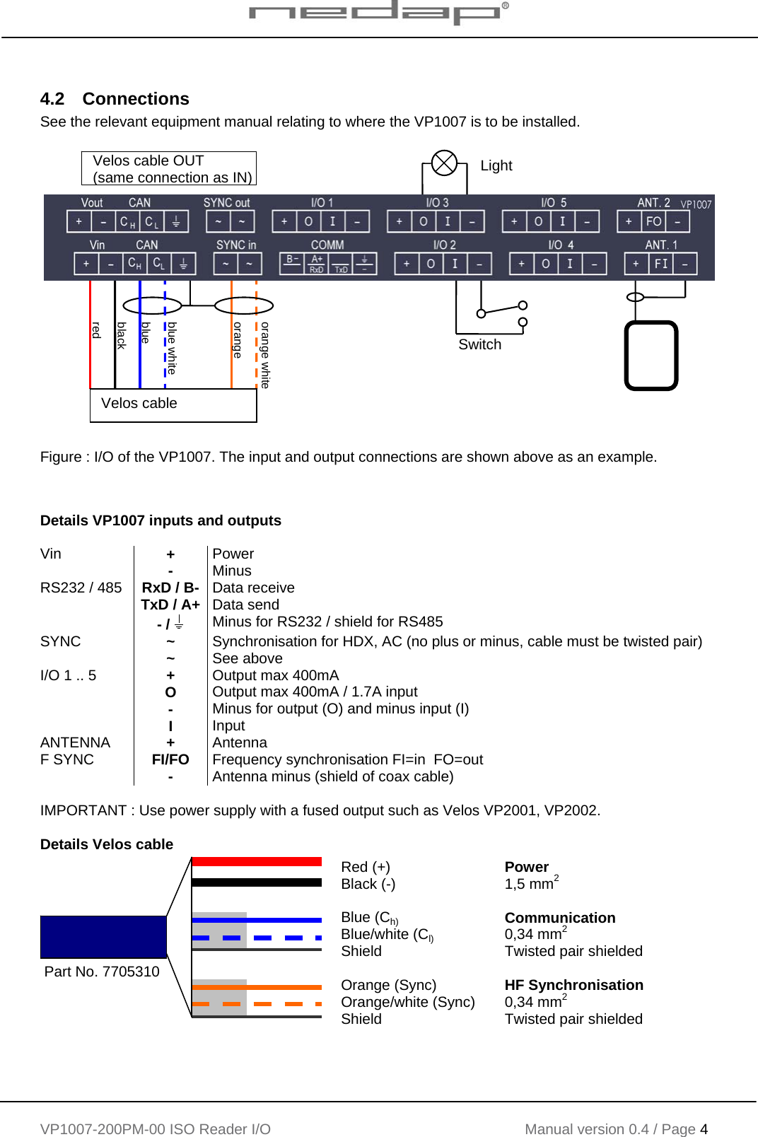    VP1007-200PM-00 ISO Reader I/O Manual version 0.4 / Page 4    4.2 Connections See the relevant equipment manual relating to where the VP1007 is to be installed.    Figure : I/O of the VP1007. The input and output connections are shown above as an example.   Details VP1007 inputs and outputs  Vin  +  Power   -  Minus  RS232 / 485  RxD / B- Data receive  TxD / A+ Data send  - /   Minus for RS232 / shield for RS485 SYNC  ~  Synchronisation for HDX, AC (no plus or minus, cable must be twisted pair)  ~  See above I/O 1 .. 5  +  Output max 400mA  O  Output max 400mA / 1.7A input  -  Minus for output (O) and minus input (I)  I  Input ANTENNA  +  Antenna F SYNC  FI/FO  Frequency synchronisation FI=in  FO=out  -  Antenna minus (shield of coax cable)  IMPORTANT : Use power supply with a fused output such as Velos VP2001, VP2002.  Details Velos cable  orangeblue white blue black red orange white Velos cable SwitchLight Velos cable OUT (same connection as IN) Red (+) Black (-)  Blue (Ch) Blue/white (Cl) Shield  Orange (Sync) Orange/white (Sync) Shield Power 1,5 mm2  Communication 0,34 mm2 Twisted pair shielded  HF Synchronisation 0,34 mm2 Twisted pair shielded Part No. 7705310 