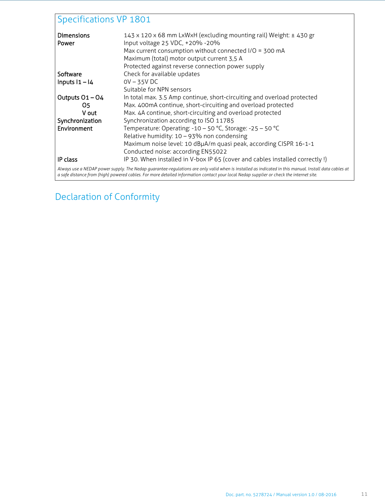     Doc. part. no. 5278724 / Manual version 1.0 / 08-2016 11  Specifications VP 1801 Dimensions 143 x 120 x 68 mm LxWxH (excluding mounting rail) Weight: ± 430 gr Power Input voltage 25 VDC, +20% -20% Max current consumption without connected I/O = 300 mA Maximum (total) motor output current 3,5 A Protected against reverse connection power supply Software Check for available updates Inputs I1 – I4 0V – 35V DC  Suitable for NPN sensors Outputs O1 – O4 In total max. 3.5 Amp continue, short-circuiting and overload protected                 O5 Max. 400mA continue, short-circuiting and overload protected                 V out Max. 4A continue, short-circuiting and overload protected Synchronization Synchronization according to ISO 11785 Environment Temperature: Operating: -10 – 50 °C, Storage: -25 – 50 °C Relative humidity: 10 – 93% non condensing  Maximum noise level: 10 dBµA/m quasi peak, according CISPR 16-1-1 Conducted noise: according EN55022 IP class IP 30. When installed in V-box IP 65 (cover and cables installed correctly !) Always use a NEDAP power supply. The Nedap guarantee-regulations are only valid when is installed as indicated in this manual. Install data cables at a safe distance from (high) powered cables. For more detailed information contact your local Nedap supplier or check the internet site.   Declaration of Conformity                                        