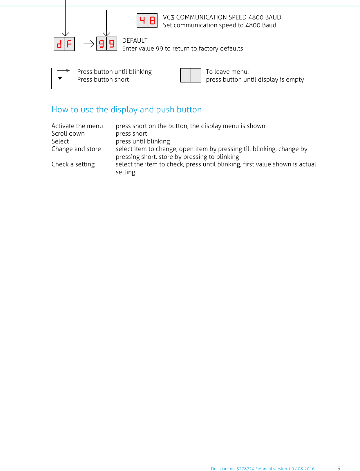     Doc. part. no. 5278724 / Manual version 1.0 / 08-2016 9      VC3 COMMUNICATION SPEED 4800 BAUD Set communication speed to 4800 Baud                                     DEFAULT Enter value 99 to return to factory defaults     Press button until blinking  Press button short  To leave menu: press button until display is empty   How to use the display and push button Activate the menu   press short on the button, the display menu is shown Scroll down  press short Select  press until blinking Change and store  select item to change, open item by pressing till blinking, change by pressing short, store by pressing to blinking Check a setting   select the item to check, press until blinking, first value shown is actual setting     