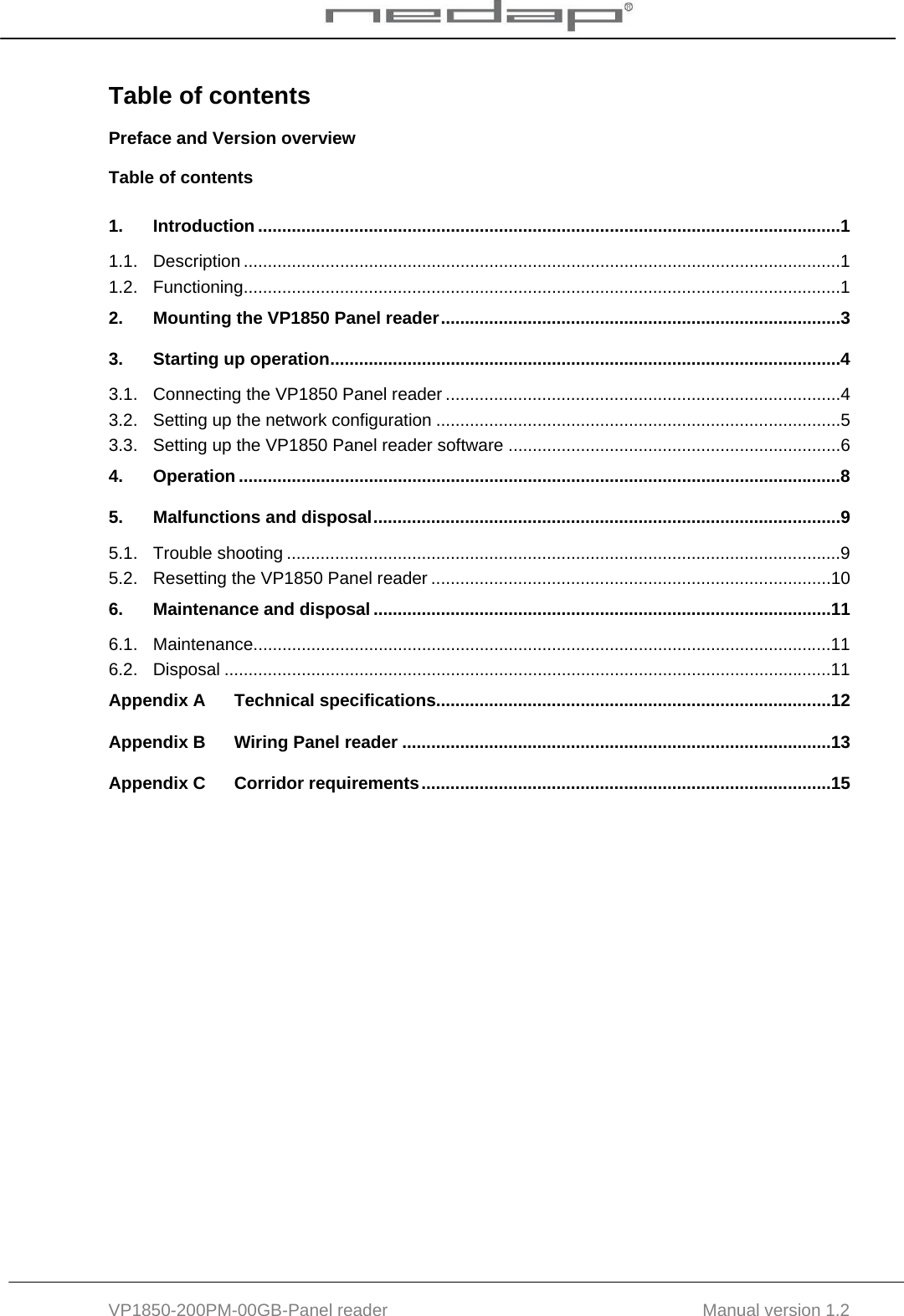  VP1850-200PM-00GB-Panel reader                                           Manual version 1.2 Table of contents Preface and Version overview Table of contents 1. Introduction .........................................................................................................................1 1.1. Description ............................................................................................................................1 1.2. Functioning............................................................................................................................1 2. Mounting the VP1850 Panel reader...................................................................................3 3. Starting up operation..........................................................................................................4 3.1. Connecting the VP1850 Panel reader ..................................................................................4 3.2. Setting up the network configuration ....................................................................................5 3.3. Setting up the VP1850 Panel reader software .....................................................................6 4. Operation .............................................................................................................................8 5. Malfunctions and disposal.................................................................................................9 5.1. Trouble shooting ...................................................................................................................9 5.2. Resetting the VP1850 Panel reader ...................................................................................10 6. Maintenance and disposal ...............................................................................................11 6.1. Maintenance........................................................................................................................11 6.2. Disposal ..............................................................................................................................11 Appendix A Technical specifications..................................................................................12 Appendix B Wiring Panel reader .........................................................................................13 Appendix C Corridor requirements.....................................................................................15  