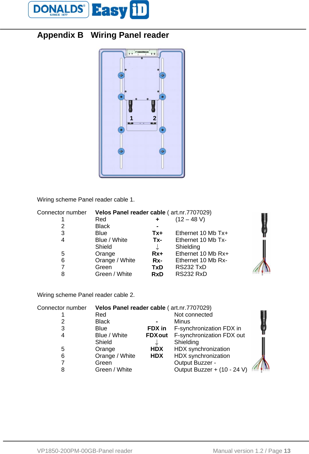   VP1850-200PM-00GB-Panel reader                                           Manual version 1.2 / Page 13  Appendix B  Wiring Panel reader      Wiring scheme Panel reader cable 1. Connector number  Velos Panel reader cable ( art.nr.7707029) 1 Red  + (12 – 48 V) 2 Black  -  3 Blue  Tx+ Ethernet 10 Mb Tx+ 4  Blue / White  Tx- Ethernet 10 Mb Tx-  Shield   Shielding 5 Orange  Rx+ Ethernet 10 Mb Rx+ 6  Orange / White  Rx- Ethernet 10 Mb Rx- 7 Green  TxD RS232 TxD 8  Green / White  RxD RS232 RxD  Wiring scheme Panel reader cable 2. Connector number  Velos Panel reader cable ( art.nr.7707029) 1 Red   Not connected 2 Black  - Minus 3 Blue  FDX in F-synchronization FDX in 4  Blue / White  FDX  out F-synchronization FDX out  Shield   Shielding 5 Orange  HDX HDX synchronization 6  Orange / White  HDX HDX synchronization 7  Green    Output Buzzer - 8  Green / White    Output Buzzer + (10 - 24 V)  1            2 