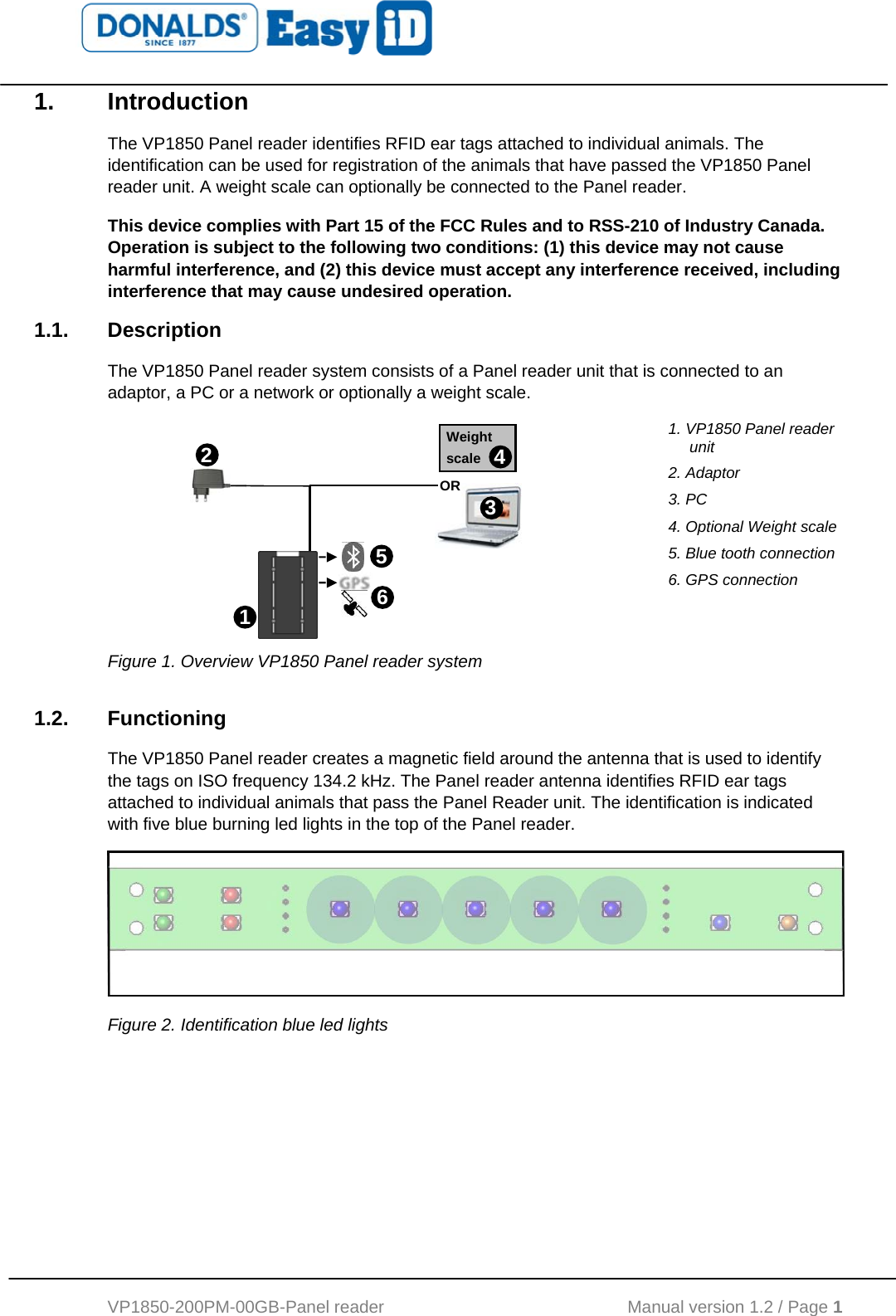   VP1850-200PM-00GB-Panel reader                                           Manual version 1.2 / Page 1  1. Introduction The VP1850 Panel reader identifies RFID ear tags attached to individual animals. The identification can be used for registration of the animals that have passed the VP1850 Panel reader unit. A weight scale can optionally be connected to the Panel reader. This device complies with Part 15 of the FCC Rules and to RSS-210 of Industry Canada. Operation is subject to the following two conditions: (1) this device may not cause harmful interference, and (2) this device must accept any interference received, including interference that may cause undesired operation. 1.1. Description The VP1850 Panel reader system consists of a Panel reader unit that is connected to an adaptor, a PC or a network or optionally a weight scale.     1. VP1850 Panel reader unit 2. Adaptor 3. PC 4. Optional Weight scale 5. Blue tooth connection 6. GPS connection   Figure 1. Overview VP1850 Panel reader system 1.2. Functioning The VP1850 Panel reader creates a magnetic field around the antenna that is used to identify the tags on ISO frequency 134.2 kHz. The Panel reader antenna identifies RFID ear tags attached to individual animals that pass the Panel Reader unit. The identification is indicated with five blue burning led lights in the top of the Panel reader.   Figure 2. Identification blue led lights 32 1Weight scale 4 56OR 