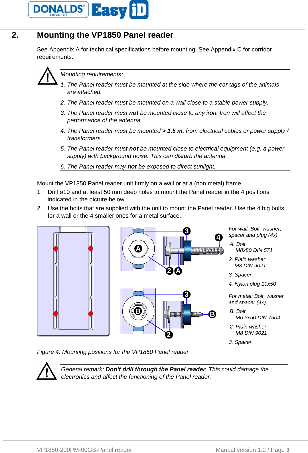   VP1850-200PM-00GB-Panel reader                                           Manual version 1.2 / Page 3  2.  Mounting the VP1850 Panel reader See Appendix A for technical specifications before mounting. See Appendix C for corridor requirements.   Mounting requirements: 1. The Panel reader must be mounted at the side where the ear tags of the animals are attached. 2. The Panel reader must be mounted on a wall close to a stable power supply. 3. The Panel reader must not be mounted close to any iron. Iron will affect the performance of the antenna. 4. The Panel reader must be mounted &gt; 1.5 m. from electrical cables or power supply / transformers.  5. The Panel reader must not be mounted close to electrical equipment (e.g. a power supply) with background noise. This can disturb the antenna. 6. The Panel reader may not be exposed to direct sunlight.  Mount the VP1850 Panel reader unit firmly on a wall or at a (non metal) frame. 1.  Drill ø10 and at least 50 mm deep holes to mount the Panel reader in the 4 positions indicated in the picture below.  2.  Use the bolts that are supplied with the unit to mount the Panel reader. Use the 4 big bolts for a wall or the 4 smaller ones for a metal surface.                           For wall: Bolt, washer, spacer and plug (4x) A. Bolt                 M8x80 DIN 571 2. Plain washer              M8 DIN 9021 3. Spacer 4. Nylon plug 10x50  For metal: Bolt, washer and spacer (4x) B. Bolt               M6.3x50 DIN 7504 2. Plain washer             M8 DIN 9021 3. Spacer Figure 4. Mounting positions for the VP1850 Panel reader  General remark: Don’t drill through the Panel reader. This could damage the electronics and affect the functioning of the Panel reader.   32BB A23A4