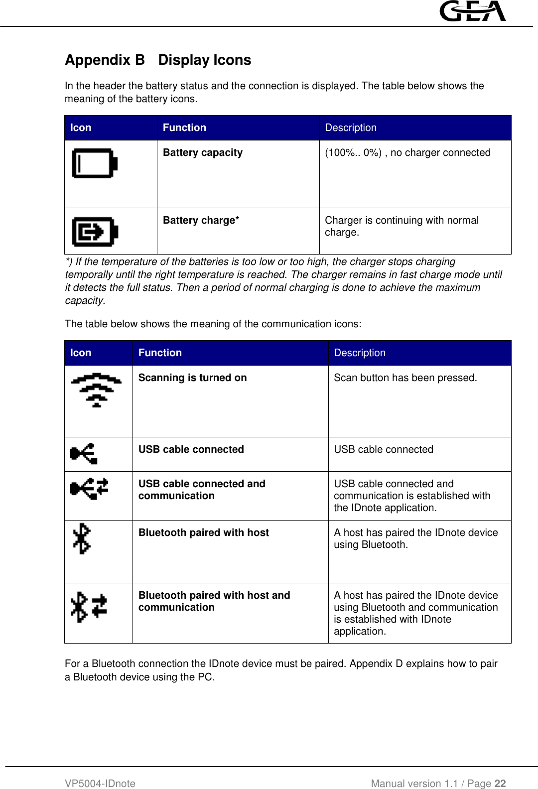  VP5004-IDnote                                             Manual version 1.1 / Page 22  Appendix B  Display Icons In the header the battery status and the connection is displayed. The table below shows the meaning of the battery icons. Icon Function Description   Battery capacity (100%.. 0%) , no charger connected  Battery charge* Charger is continuing with normal charge. *) If the temperature of the batteries is too low or too high, the charger stops charging temporally until the right temperature is reached. The charger remains in fast charge mode until it detects the full status. Then a period of normal charging is done to achieve the maximum capacity. The table below shows the meaning of the communication icons: Icon Function Description   Scanning is turned on Scan button has been pressed.  USB cable connected USB cable connected  USB cable connected and communication USB cable connected and communication is established with the IDnote application.   Bluetooth paired with host A host has paired the IDnote device using Bluetooth.  Bluetooth paired with host and communication A host has paired the IDnote device using Bluetooth and communication is established with IDnote application.  For a Bluetooth connection the IDnote device must be paired. Appendix D explains how to pair a Bluetooth device using the PC.  