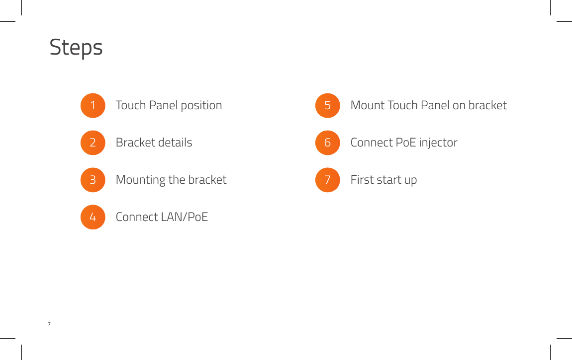 Steps1  Touch Panel position2  Bracket details3  Mounting the bracket4  Connect LAN/PoE5  Mount Touch Panel on bracket6  Connect PoE injector7  First start up7