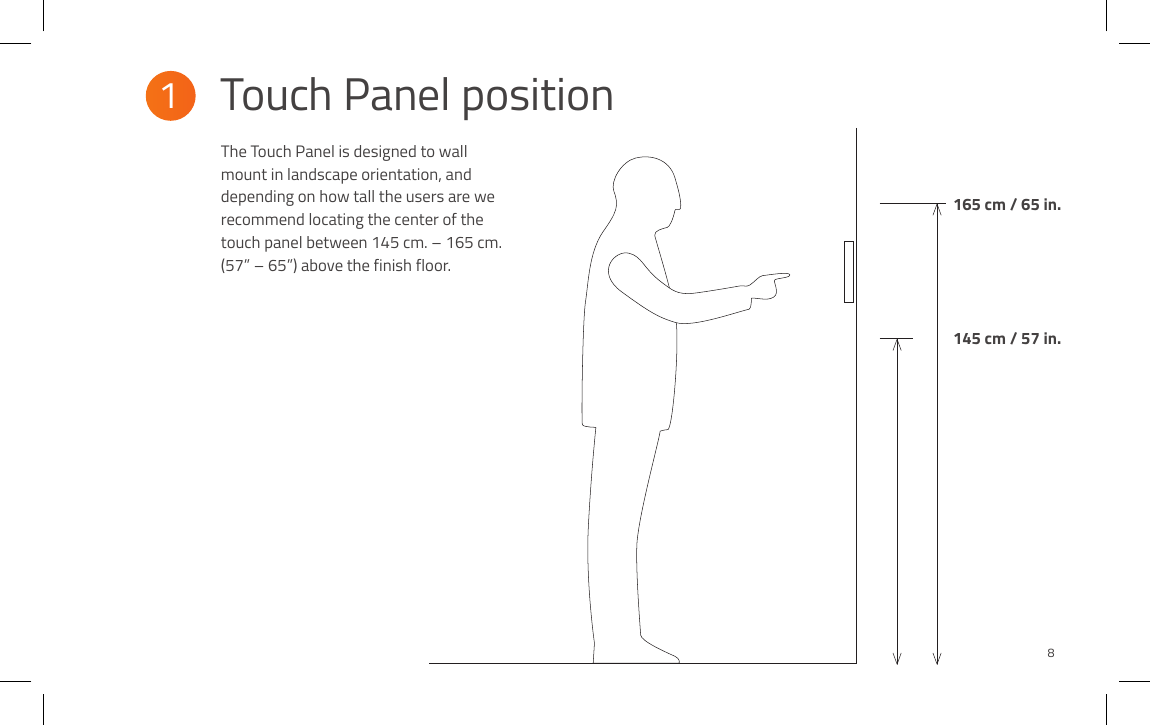 1 Touch Panel position165 cm / 65 in.145 cm / 57 in.The Touch Panel is designed to wall mount in landscape orientation, and depending on how tall the users are we recommend locating the center of the touch panel between 145 cm. – 165 cm. (57” – 65”) above the finish floor. 8