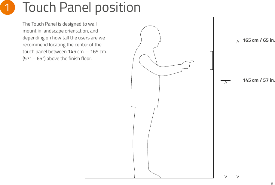 1 Touch Panel position165 cm / 65 in.145 cm / 57 in.The Touch Panel is designed to wall mount in landscape orientation, and depending on how tall the users are we recommend locating the center of the touch panel between 145 cm. – 165 cm. (57” – 65”) above the finish floor. 8