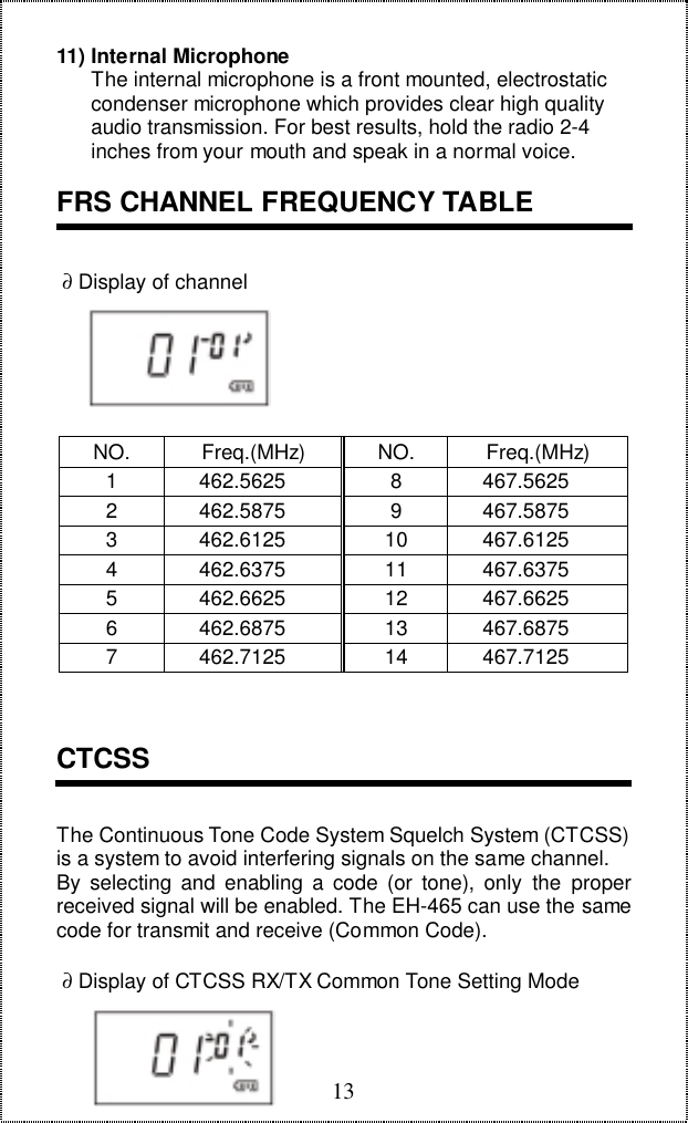 1311) Internal Microphone      The internal microphone is a front mounted, electrostatic      condenser microphone which provides clear high quality      audio transmission. For best results, hold the radio 2-4      inches from your mouth and speak in a normal voice.FRS CHANNEL FREQUENCY TABLE &part; Display of channelNO. Freq.(MHz) NO. Freq.(MHz)1 462.5625 8 467.56252 462.5875 9 467.58753 462.6125 10 467.61254 462.6375 11 467.63755 462.6625 12 467.66256 462.6875 13 467.68757 462.7125 14 467.7125CTCSSThe Continuous Tone Code System Squelch System (CTCSS)is a system to avoid interfering signals on the same channel.By selecting and enabling a code (or tone), only the properreceived signal will be enabled. The EH-465 can use the samecode for transmit and receive (Common Code). &part; Display of CTCSS RX/TX Common Tone Setting Mode