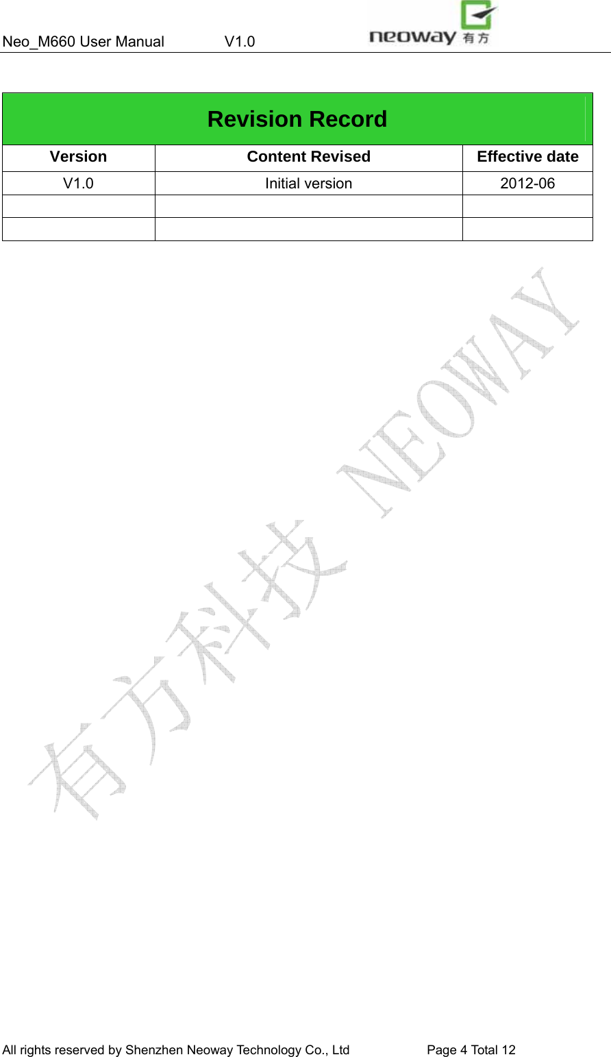 Neo_M660 User Manual        V1.0                 All rights reserved by Shenzhen Neoway Technology Co., Ltd                        Page 4 Total 11  Revision Record Version  Content Revised  Effective date V1.0 Initial version 2012-06           All rights reserved by Shenzhen Neoway Technology Co., Ltd                        Page 4 Total 12 