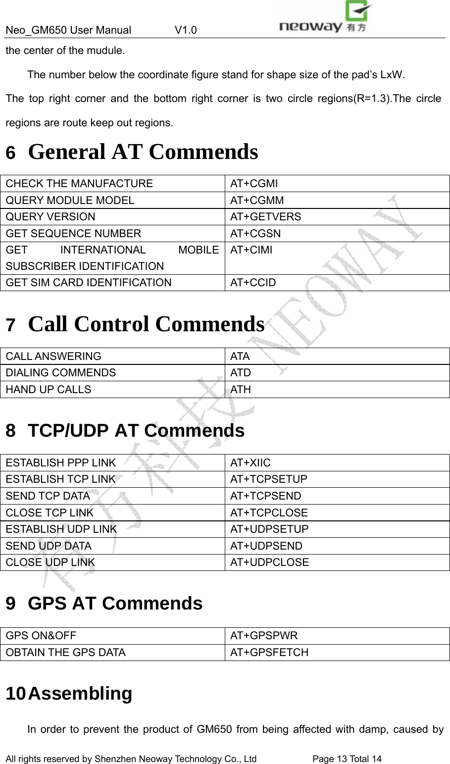 Neo_GM650 User Manual        V1.0                 All rights reserved by Shenzhen Neoway Technology Co., Ltd                        Page 13 Total 14 the center of the mudule.   The number below the coordinate figure stand for shape size of the pad’s LxW. The top right corner and the bottom right corner is two circle regions(R=1.3).The circle regions are route keep out regions.   6  General AT Commends   CHECK THE MANUFACTURE  AT+CGMI QUERY MODULE MODEL  AT+CGMM QUERY VERSION  AT+GETVERS GET SEQUENCE NUMBER  AT+CGSN GET INTERNATIONAL MOBILE SUBSCRIBER IDENTIFICATION AT+CIMI GET SIM CARD IDENTIFICATION  AT+CCID  7  Call Control Commends CALL ANSWERING  ATA DIALING COMMENDS  ATD HAND UP CALLS  ATH  8  TCP/UDP AT Commends ESTABLISH PPP LINK  AT+XIIC ESTABLISH TCP LINK  AT+TCPSETUP SEND TCP DATA  AT+TCPSEND CLOSE TCP LINK  AT+TCPCLOSE ESTABLISH UDP LINK  AT+UDPSETUP SEND UDP DATA  AT+UDPSEND CLOSE UDP LINK  AT+UDPCLOSE  9  GPS AT Commends GPS ON&amp;OFF  AT+GPSPWR OBTAIN THE GPS DATA  AT+GPSFETCH  10 Assembling In order to prevent the product of GM650 from being affected with damp, caused by 