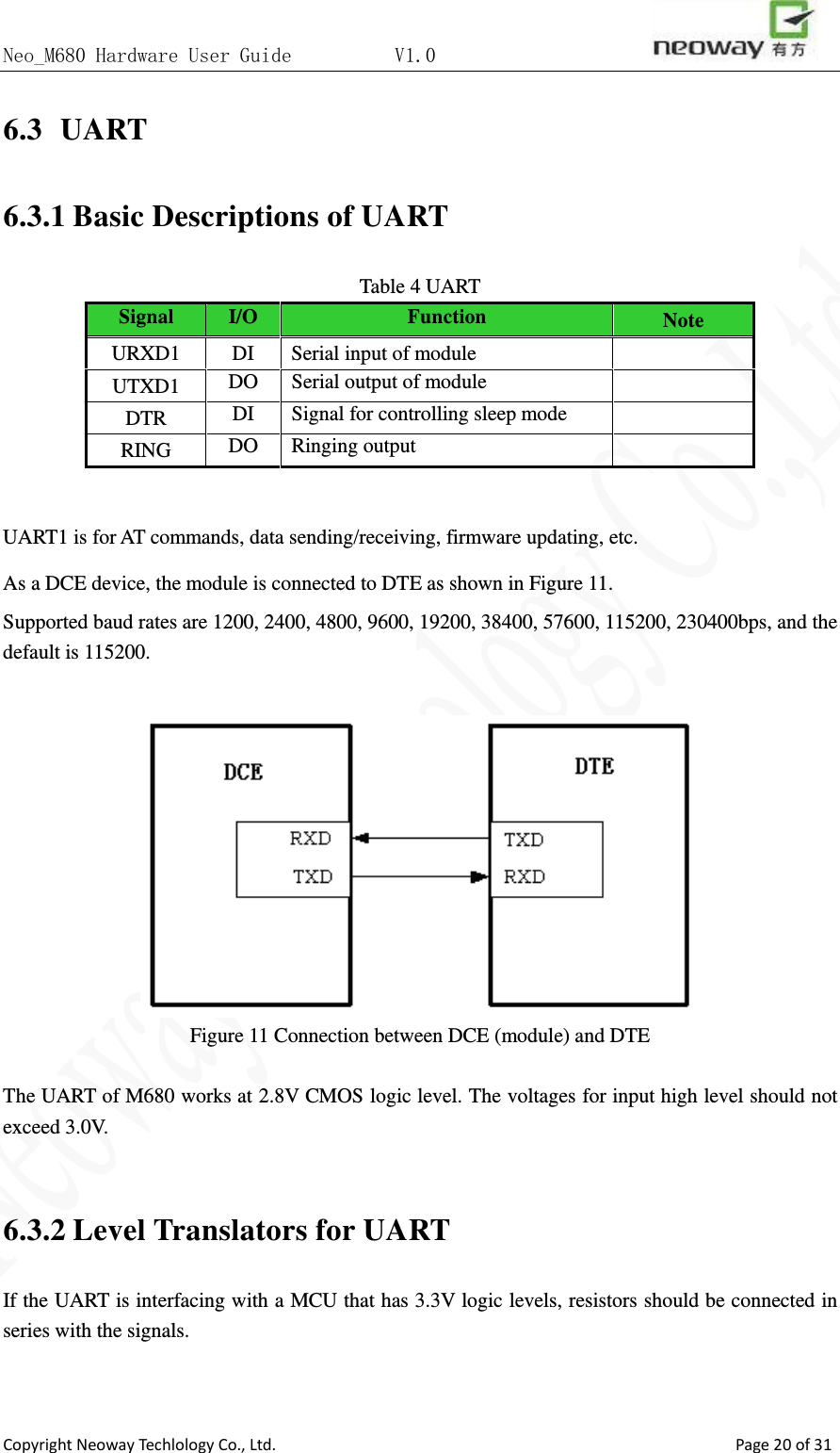 Neo_M680 Hardware User Guide          V1.0                       Copyright Neoway Techlology Co., Ltd.                                                    Page 20 of 31 6.3   UART 6.3.1 Basic Descriptions of UART Table 4 UART Signal I/O Function Note URXD1 DI  Serial input of module   UTXD1 DO Serial output of module  DTR DI Signal for controlling sleep mode  RING DO Ringing output   UART1 is for AT commands, data sending/receiving, firmware updating, etc. As a DCE device, the module is connected to DTE as shown in Figure 11. Supported baud rates are 1200, 2400, 4800, 9600, 19200, 38400, 57600, 115200, 230400bps, and the default is 115200.   Figure 11 Connection between DCE (module) and DTE  The UART of M680 works at 2.8V CMOS logic level. The voltages for input high level should not exceed 3.0V.    6.3.2 Level Translators for UART If the UART is interfacing with a MCU that has 3.3V logic levels, resistors should be connected in series with the signals.   