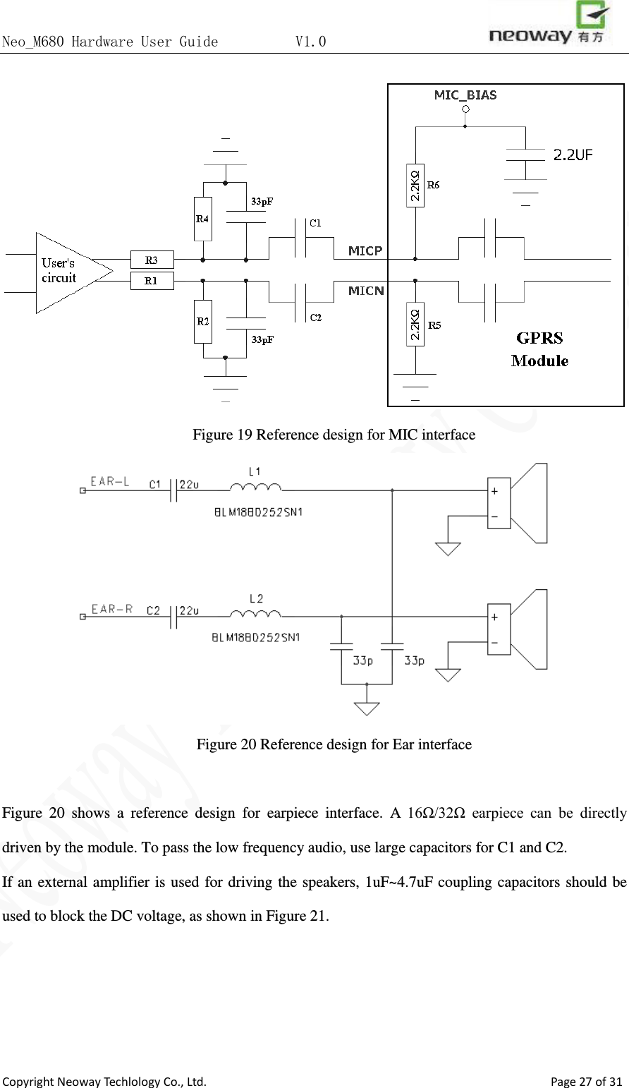 Neo_M680 Hardware User Guide          V1.0                       Copyright Neoway Techlology Co., Ltd.                                                    Page 27 of 31  Figure 19 Reference design for MIC interface  Figure 20 Reference design for Ear interface  Figure 20 shows a reference design for earpiece interface. A 16Ω/32Ω  earpiece  can  be  directly driven by the module. To pass the low frequency audio, use large capacitors for C1 and C2. If an external amplifier is used for driving the speakers, 1uF~4.7uF coupling capacitors should be used to block the DC voltage, as shown in Figure 21.    