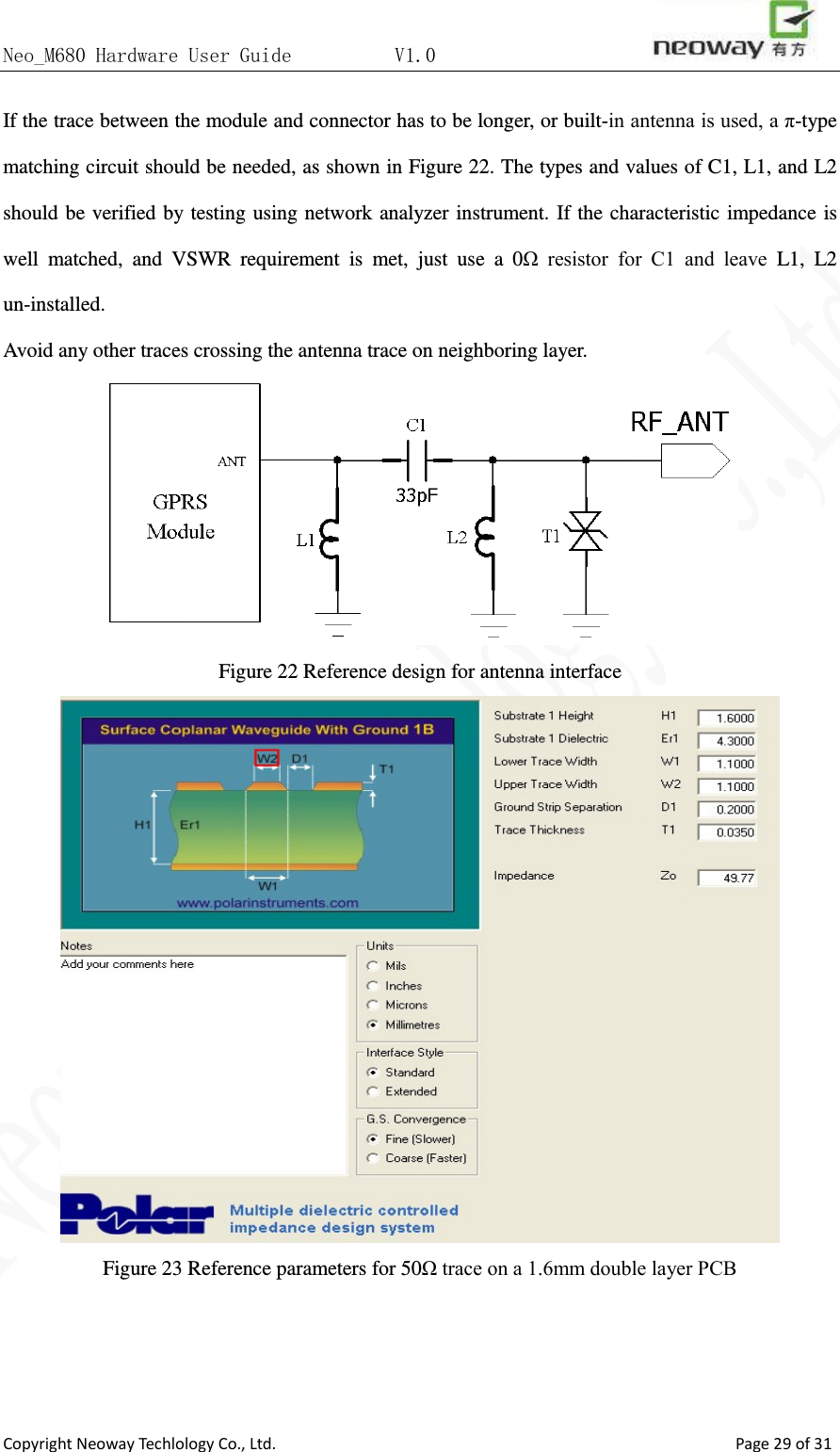 Neo_M680 Hardware User Guide          V1.0                       Copyright Neoway Techlology Co., Ltd.                                                    Page 29 of 31 If the trace between the module and connector has to be longer, or built-in antenna is used, a π-type matching circuit should be needed, as shown in Figure 22. The types and values of C1, L1, and L2 should be verified by testing using network analyzer instrument. If the characteristic impedance is well matched, and VSWR requirement is met, just use a 0Ω  resistor  for  C1  and  leave  L1, L2 un-installed.   Avoid any other traces crossing the antenna trace on neighboring layer.  Figure 22 Reference design for antenna interface  Figure 23 Reference parameters for 50Ω trace on a 1.6mm double layer PCB    