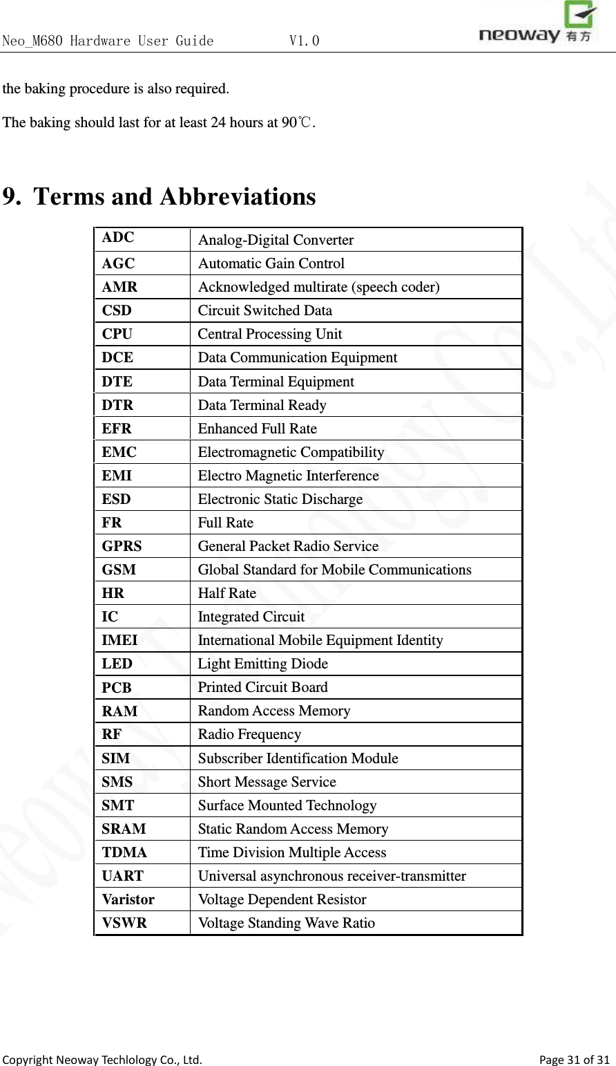 Neo_M680 Hardware User Guide          V1.0                       Copyright Neoway Techlology Co., Ltd.                                                    Page 31 of 31 the baking procedure is also required. The baking should last for at least 24 hours at 90℃.  9. Terms and Abbreviations ADC Analog-Digital Converter AGC Automatic Gain Control AMR Acknowledged multirate (speech coder) CSD Circuit Switched Data CPU Central Processing Unit DCE Data Communication Equipment DTE Data Terminal Equipment DTR Data Terminal Ready EFR Enhanced Full Rate EMC Electromagnetic Compatibility EMI Electro Magnetic Interference ESD Electronic Static Discharge FR Full Rate GPRS General Packet Radio Service     GSM Global Standard for Mobile Communications HR Half Rate     IC Integrated Circuit IMEI International Mobile Equipment Identity   LED Light Emitting Diode PCB Printed Circuit Board RAM Random Access Memory RF Radio Frequency SIM Subscriber Identification Module   SMS Short Message Service SMT Surface Mounted Technology SRAM Static Random Access Memory TDMA Time Division Multiple Access UART Universal asynchronous receiver-transmitter   Varistor Voltage Dependent Resistor VSWR Voltage Standing Wave Ratio      