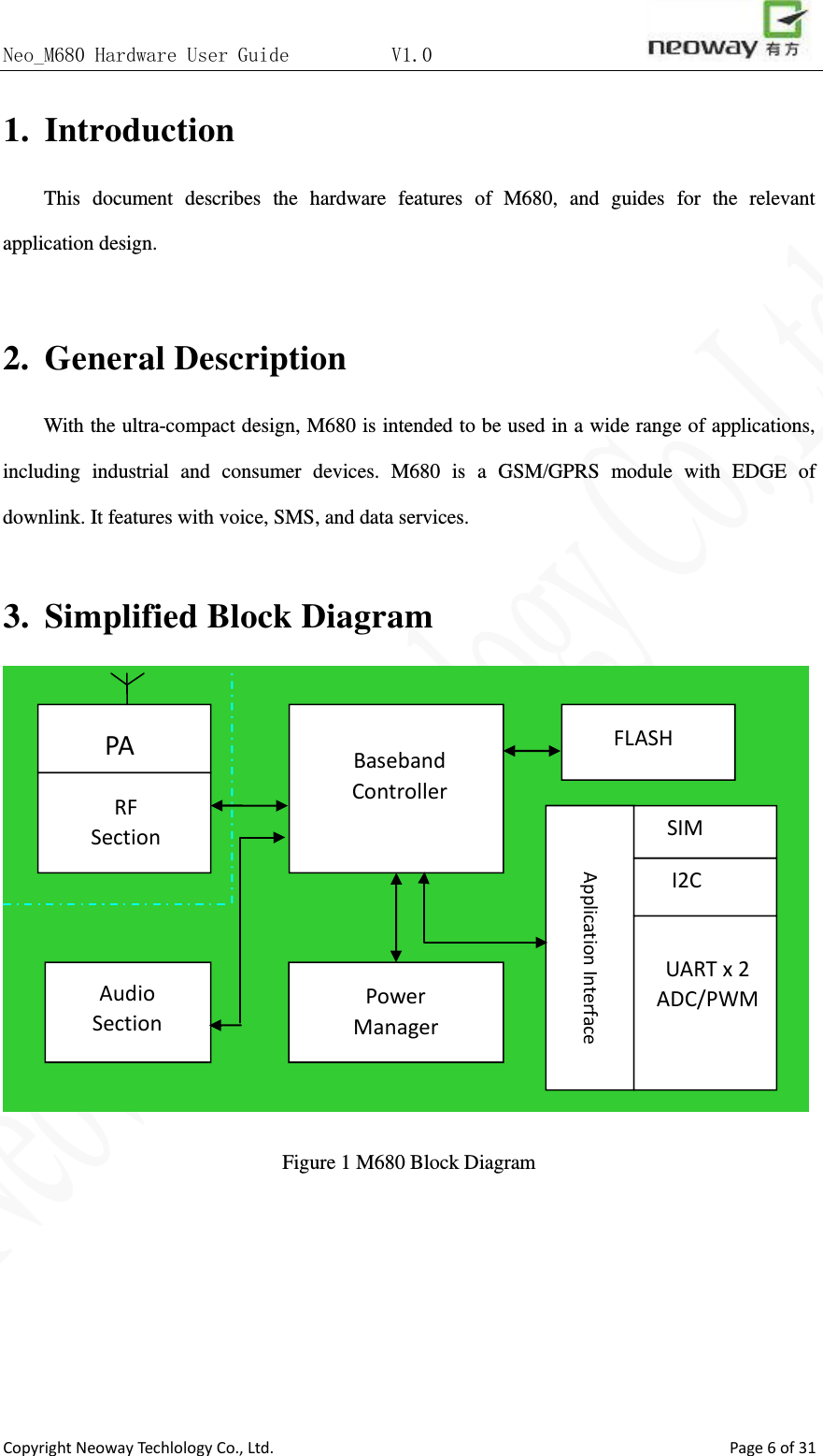 Neo_M680 Hardware User Guide          V1.0                       Copyright Neoway Techlology Co., Ltd.                                                    Page 6 of 31 1. Introduction This document describes the hardware features of M680, and guides for the relevant application design.  2. General Description With the ultra-compact design, M680 is intended to be used in a wide range of applications, including industrial and consumer devices. M680  is a GSM/GPRS module with EDGE of downlink. It features with voice, SMS, and data services.  3. Simplified Block Diagram   Figure 1 M680 Block Diagram  Baseband Controller PA      Power   Manager Application Interface RF Section FLASH Audio Section SIM    UART x 2 ADC/PWM  I2C  