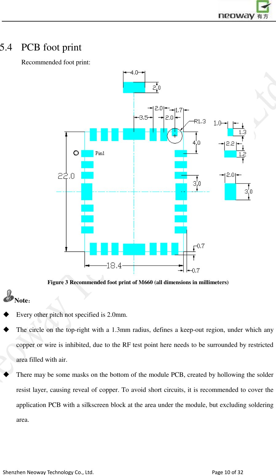                        Shenzhen Neoway Technology Co., Ltd.                                                                                  Page 10 of 32 5.4 PCB foot print Recommended foot print:               Figure 3 Recommended foot print of M660 (all dimensions in millimeters) Note：  Every other pitch not specified is 2.0mm.  The circle on the top-right with a 1.3mm radius, defines a keep-out region, under which any copper or wire is inhibited, due to the RF test point here needs to be surrounded by restricted area filled with air.  There may be some masks on the bottom of the module PCB, created by hollowing the solder resist layer, causing reveal of copper. To avoid short circuits, it is recommended to cover the application PCB with a silkscreen block at the area under the module, but excluding soldering area.   