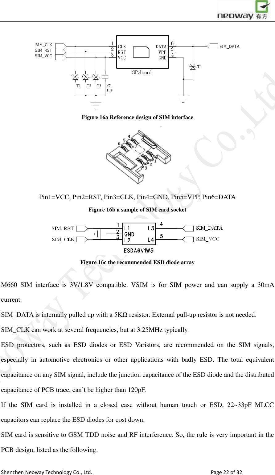                        Shenzhen Neoway Technology Co., Ltd.                                                                                  Page 22 of 32  Figure 16a Reference design of SIM interface    Pin1=VCC, Pin2=RST, Pin3=CLK, Pin4=GND, Pin5=VPP, Pin6=DATA Figure 16b a sample of SIM card socket  Figure 16c the recommended ESD diode array  M660  SIM  interface  is  3V/1.8V  compatible.  VSIM  is  for  SIM  power  and  can  supply  a  30mA current.     SIM_DATA is internally pulled up with a 5KΩ resistor. External pull-up resistor is not needed. SIM_CLK can work at several frequencies, but at 3.25MHz typically.   ESD  protectors,  such  as  ESD  diodes  or  ESD  Varistors,  are  recommended  on  the  SIM  signals, especially  in  automotive  electronics  or  other  applications  with  badly  ESD.  The  total  equivalent capacitance on any SIM signal, include the junction capacitance of the ESD diode and the distributed capacitance of PCB trace, can’t be higher than 120pF.   If  the  SIM  card  is  installed  in  a  closed  case  without  human  touch  or  ESD,  22~33pF  MLCC capacitors can replace the ESD diodes for cost down. SIM card is sensitive to GSM TDD noise and RF interference. So, the rule is very important in the PCB design, listed as the following.   