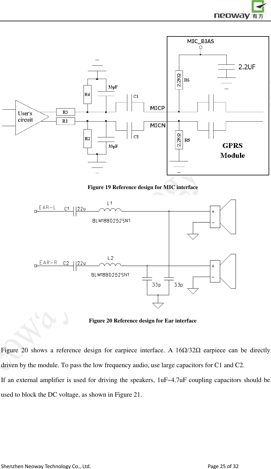                        Shenzhen Neoway Technology Co., Ltd.                                                                                  Page 25 of 32  Figure 19 Reference design for MIC interface  Figure 20 Reference design for Ear interface  Figure  20  shows  a  reference  design  for  earpiece  interface.  A  16Ω/32Ω  earpiece  can  be  directly driven by the module. To pass the low frequency audio, use large capacitors for C1 and C2. If an external amplifier is used for driving the speakers, 1uF~4.7uF coupling capacitors should be used to block the DC voltage, as shown in Figure 21.    