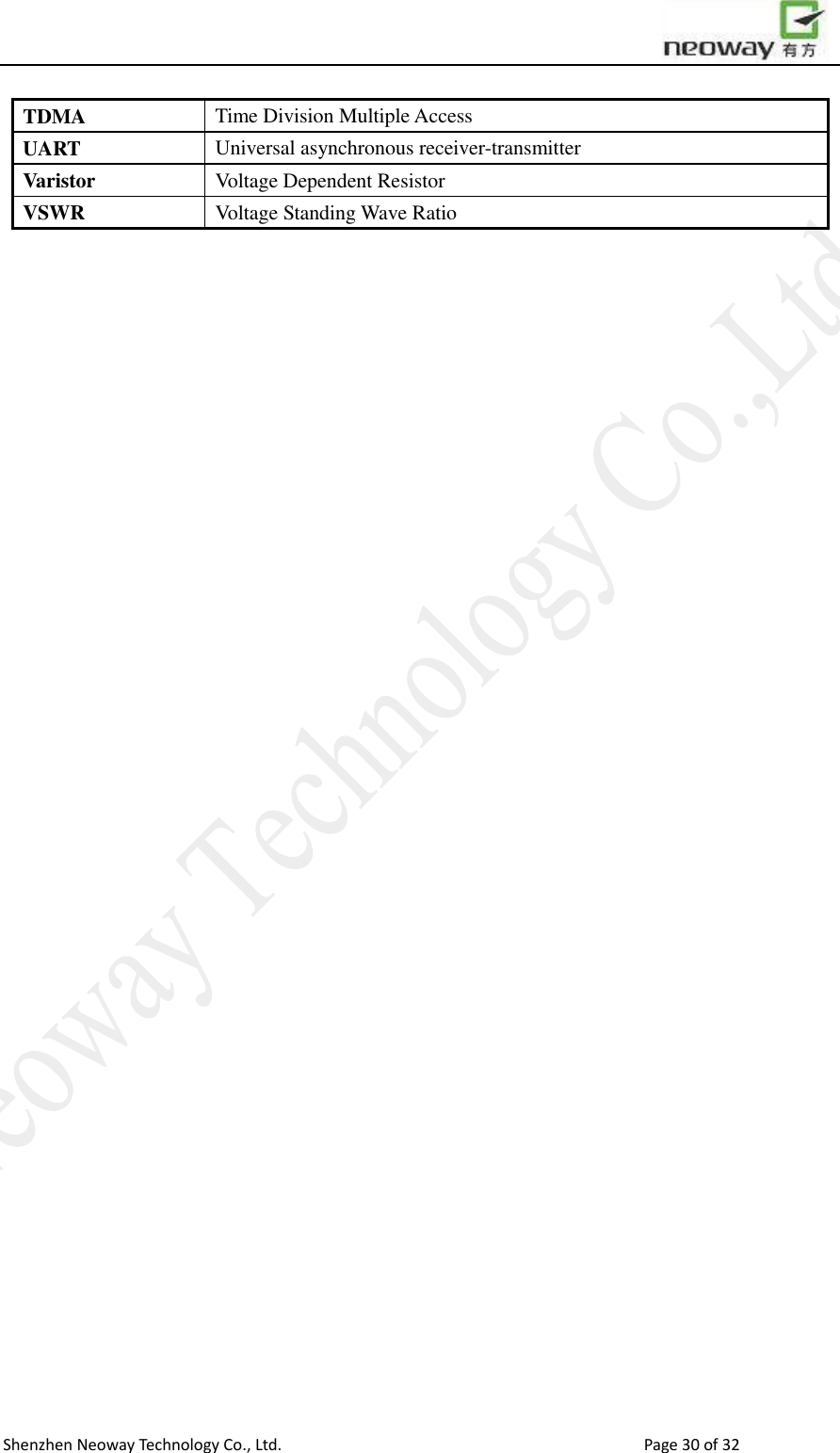                        Shenzhen Neoway Technology Co., Ltd.                                                                                  Page 30 of 32 TDMA Time Division Multiple Access UART Universal asynchronous receiver-transmitter   Varistor Voltage Dependent Resistor VSWR Voltage Standing Wave Ratio      