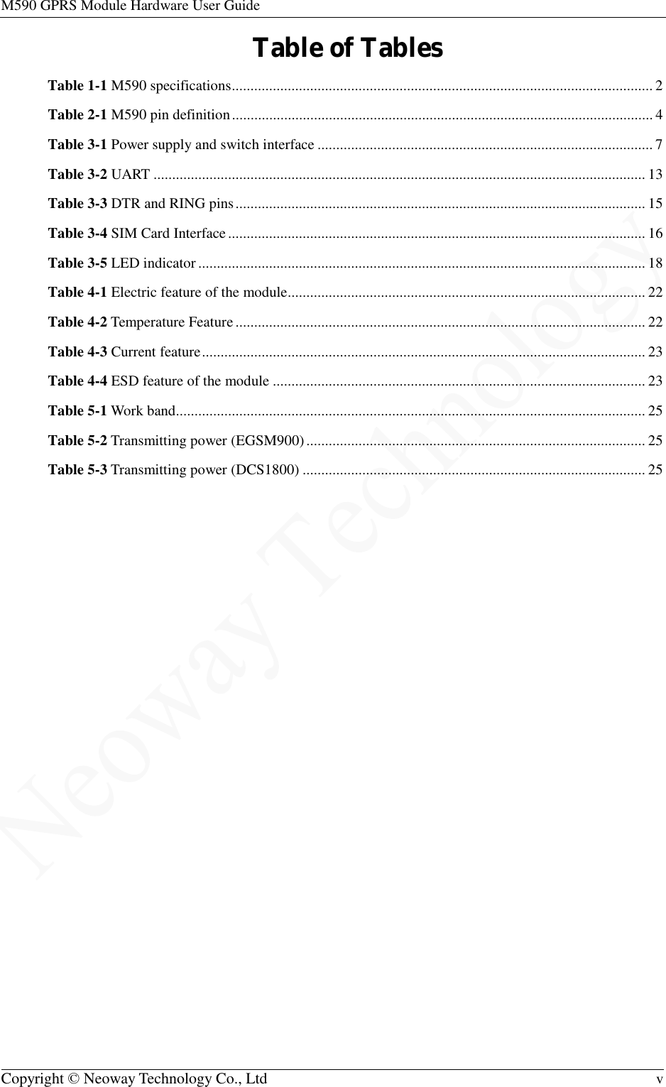 M590 GPRS Module Hardware User Guide   Copyright © Neoway Technology Co., Ltd  v  Table of Tables Table 1-1 M590 specifications ................................................................................................................. 2 Table 2-1 M590 pin definition ................................................................................................................. 4 Table 3-1 Power supply and switch interface .......................................................................................... 7 Table 3-2 UART .................................................................................................................................... 13 Table 3-3 DTR and RING pins .............................................................................................................. 15 Table 3-4 SIM Card Interface ................................................................................................................ 16 Table 3-5 LED indicator ........................................................................................................................ 18 Table 4-1 Electric feature of the module ................................................................................................ 22 Table 4-2 Temperature Feature .............................................................................................................. 22 Table 4-3 Current feature ....................................................................................................................... 23 Table 4-4 ESD feature of the module .................................................................................................... 23 Table 5-1 Work band .............................................................................................................................. 25 Table 5-2 Transmitting power (EGSM900) ........................................................................................... 25 Table 5-3 Transmitting power (DCS1800) ............................................................................................ 25  