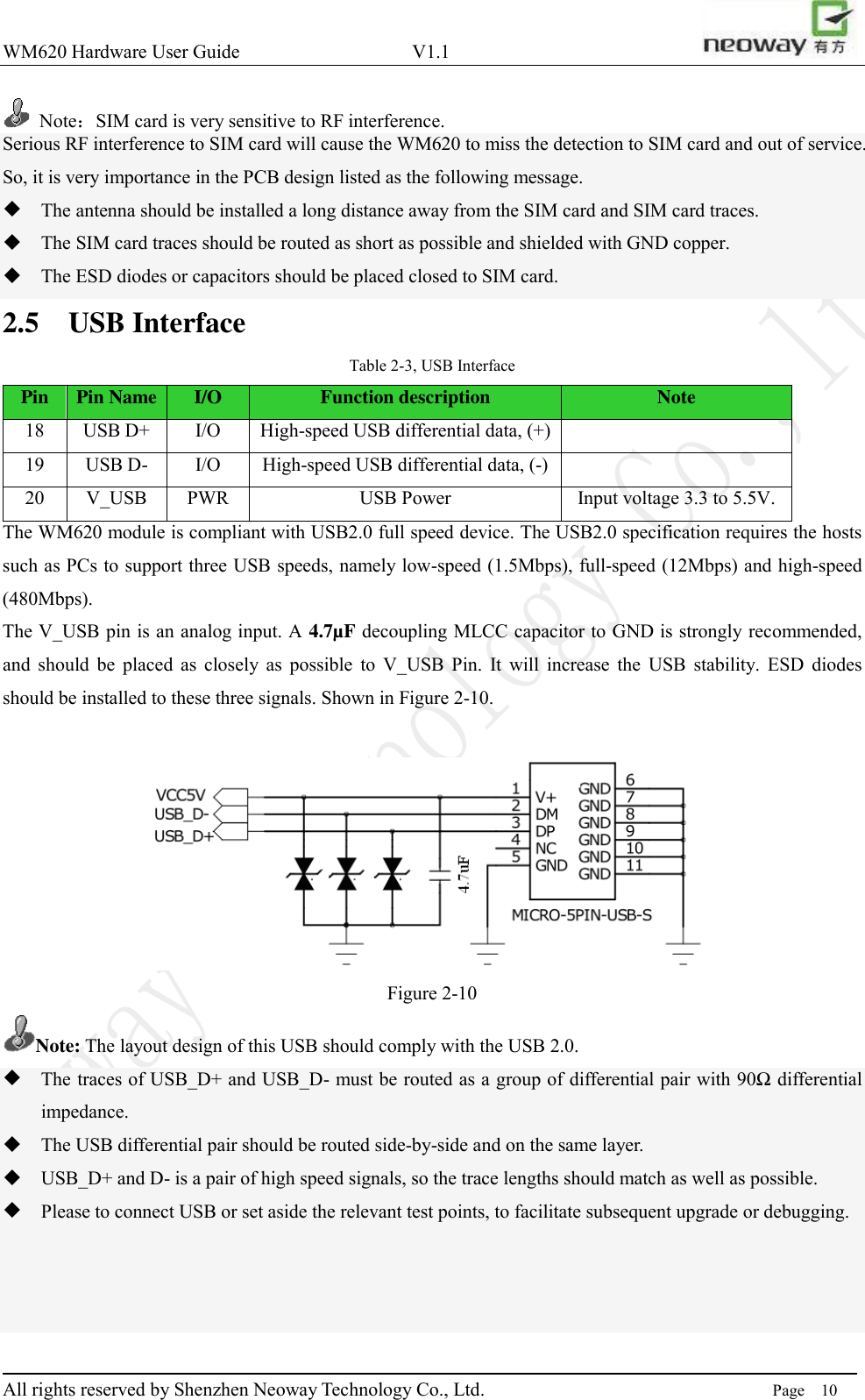 WM620 Hardware User Guide                                    V1.1                         All rights reserved by Shenzhen Neoway Technology Co., Ltd.                                                                      Page    10   Note：SIM card is very sensitive to RF interference. Serious RF interference to SIM card will cause the WM620 to miss the detection to SIM card and out of service. So, it is very importance in the PCB design listed as the following message.    The antenna should be installed a long distance away from the SIM card and SIM card traces.  The SIM card traces should be routed as short as possible and shielded with GND copper.  The ESD diodes or capacitors should be placed closed to SIM card. 2.5 USB Interface Table 2-3, USB Interface Pin Pin Name I/O Function description Note 18 USB D+ I/O High-speed USB differential data, (+)  19 USB D- I/O High-speed USB differential data, (-)  20 V_USB PWR USB Power Input voltage 3.3 to 5.5V. The WM620 module is compliant with USB2.0 full speed device. The USB2.0 specification requires the hosts such as PCs to support three USB speeds, namely low-speed (1.5Mbps), full-speed (12Mbps) and high-speed (480Mbps).   The V_USB pin is an analog input. A 4.7µF decoupling MLCC capacitor to GND is strongly recommended, and  should  be  placed  as  closely  as  possible  to  V_USB  Pin.  It  will  increase  the  USB  stability.  ESD  diodes should be installed to these three signals. Shown in Figure 2-10.   Figure 2-10 Note: The layout design of this USB should comply with the USB 2.0.    The traces of USB_D+ and USB_D- must be routed as a group of differential pair with 90Ω differential impedance.    The USB differential pair should be routed side-by-side and on the same layer.    USB_D+ and D- is a pair of high speed signals, so the trace lengths should match as well as possible.    Please to connect USB or set aside the relevant test points, to facilitate subsequent upgrade or debugging.    