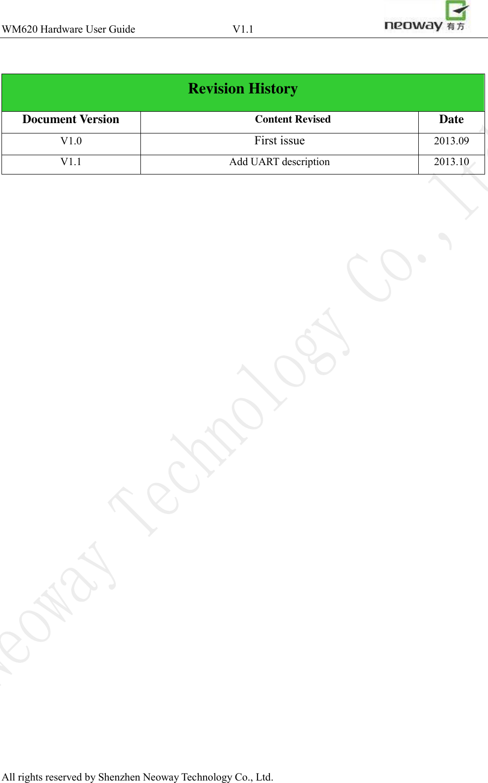 WM620 Hardware User Guide                                    V1.1                       All rights reserved by Shenzhen Neoway Technology Co., Ltd.  Revision History Document Version Content Revised Date V1.0 First issue 2013.09 V1.1 Add UART description 2013.10      