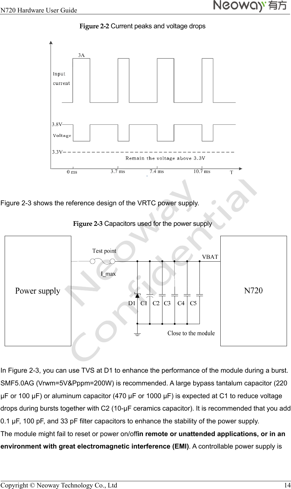  N720 Hardware User Guide    Copyright © Neoway Technology Co., Ltd  14 Figure 2-2 Current peaks and voltage drops   Figure 2-3 shows the reference design of the VRTC power supply. Figure 2-3 Capacitors used for the power supply   In Figure 2-3, you can use TVS at D1 to enhance the performance of the module during a burst. SMF5.0AG (Vrwm=5V&amp;Pppm=200W) is recommended. A large bypass tantalum capacitor (220 F or 100 F) or aluminum capacitor (470 F or 1000 F) is expected at C1 to reduce voltage drops during bursts together with C2 (10-F ceramics capacitor). It is recommended that you add 0.1 F, 100 pF, and 33 pF filter capacitors to enhance the stability of the power supply. The module might fail to reset or power on/offin remote or unattended applications, or in an environment with great electromagnetic interference (EMI). A controllable power supply is 