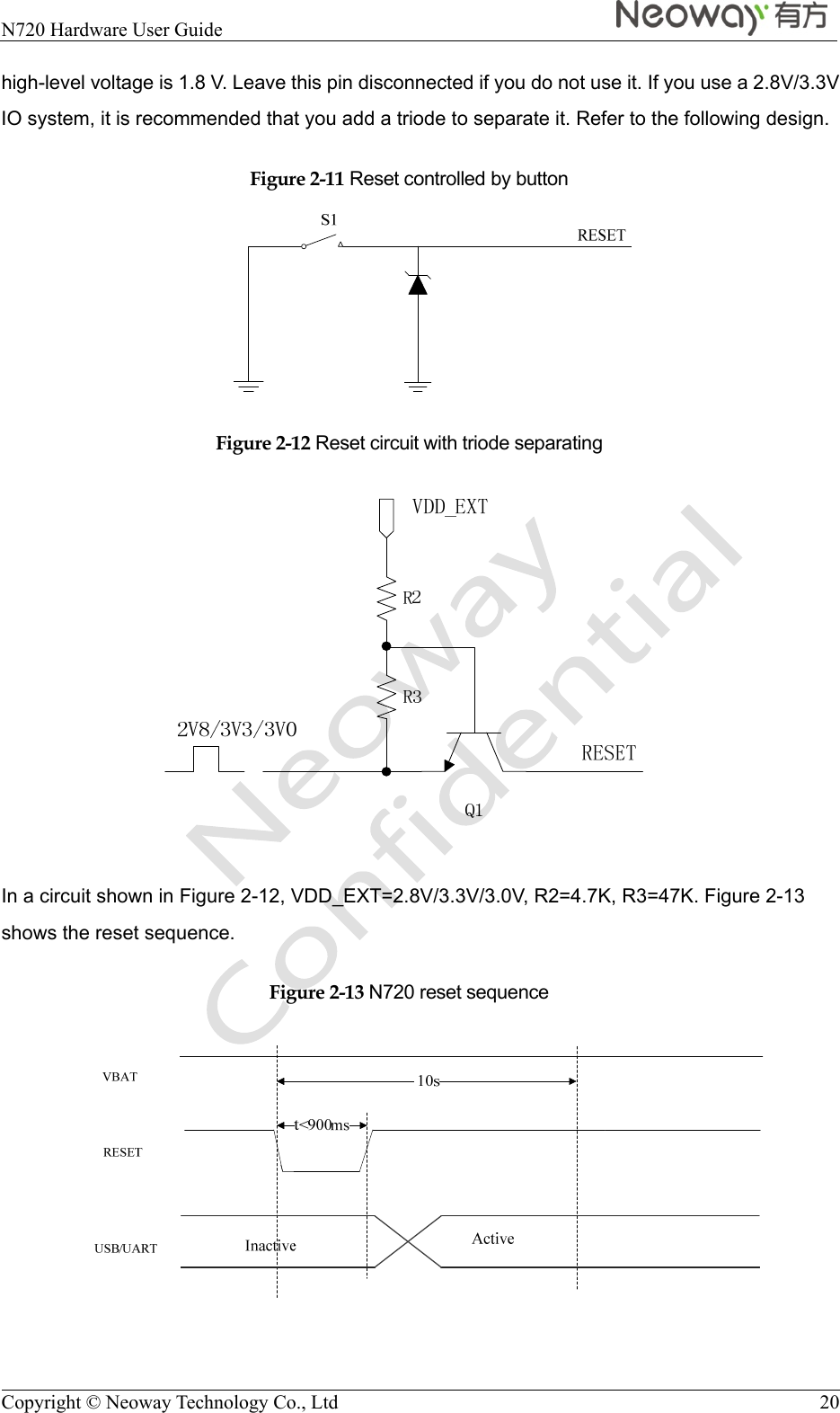  N720 Hardware User Guide    Copyright © Neoway Technology Co., Ltd  20 high-level voltage is 1.8 V. Leave this pin disconnected if you do not use it. If you use a 2.8V/3.3V IO system, it is recommended that you add a triode to separate it. Refer to the following design. Figure 2-11 Reset controlled by button  Figure 2-12 Reset circuit with triode separating   In a circuit shown in Figure 2-12, VDD_EXT=2.8V/3.3V/3.0V, R2=4.7K, R3=47K. Figure 2-13 shows the reset sequence. Figure 2-13 N720 reset sequence  