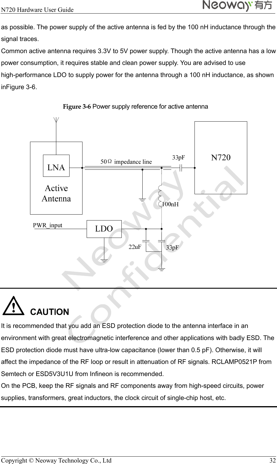  N720 Hardware User Guide    Copyright © Neoway Technology Co., Ltd  32 as possible. The power supply of the active antenna is fed by the 100 nH inductance through the signal traces. Common active antenna requires 3.3V to 5V power supply. Though the active antenna has a low power consumption, it requires stable and clean power supply. You are advised to use high-performance LDO to supply power for the antenna through a 100 nH inductance, as shown inFigure 3-6. Figure 3-6 Power supply reference for active antenna    It is recommended that you add an ESD protection diode to the antenna interface in an environment with great electromagnetic interference and other applications with badly ESD. The ESD protection diode must have ultra-low capacitance (lower than 0.5 pF). Otherwise, it will affect the impedance of the RF loop or result in attenuation of RF signals. RCLAMP0521P from Semtech or ESD5V3U1U from Infineon is recommended. On the PCB, keep the RF signals and RF components away from high-speed circuits, power supplies, transformers, great inductors, the clock circuit of single-chip host, etc. 