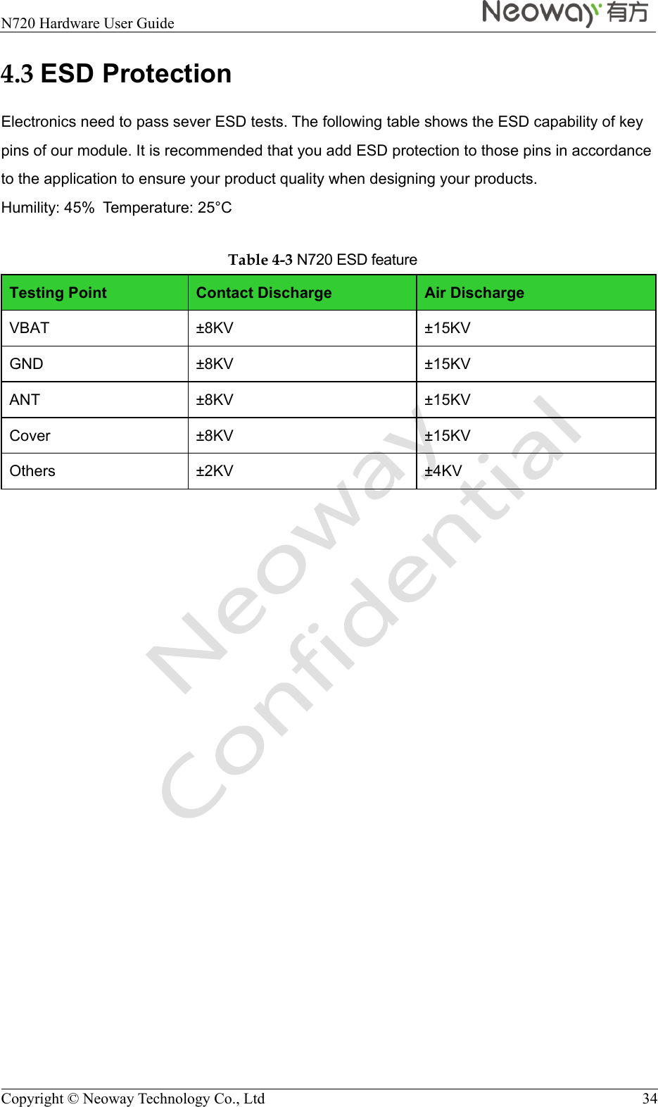  N720 Hardware User Guide    Copyright © Neoway Technology Co., Ltd  34 4.3 ESD Protection Electronics need to pass sever ESD tests. The following table shows the ESD capability of key pins of our module. It is recommended that you add ESD protection to those pins in accordance to the application to ensure your product quality when designing your products. Humility: 45%Temperature: 25°C Table 4-3 N720 ESD feature Testing Point  Contact Discharge  Air Discharge VBAT ±8KV  ±15KV GND ±8KV  ±15KV ANT ±8KV  ±15KV Cover ±8KV  ±15KV Others ±2KV  ±4KV  