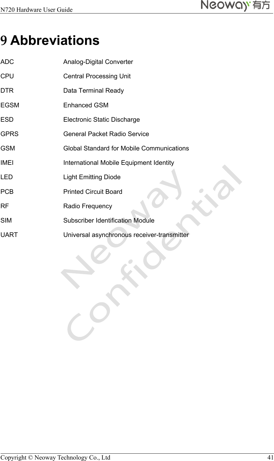  N720 Hardware User Guide    Copyright © Neoway Technology Co., Ltd  41 9 Abbreviations ADC Analog-Digital Converter CPU  Central Processing Unit DTR  Data Terminal Ready EGSM Enhanced GSM ESD  Electronic Static Discharge GPRS  General Packet Radio Service GSM  Global Standard for Mobile Communications IMEI International Mobile Equipment Identity LED  Light Emitting Diode PCB  Printed Circuit Board RF Radio Frequency SIM Subscriber Identification Module UART  Universal asynchronous receiver-transmitter     