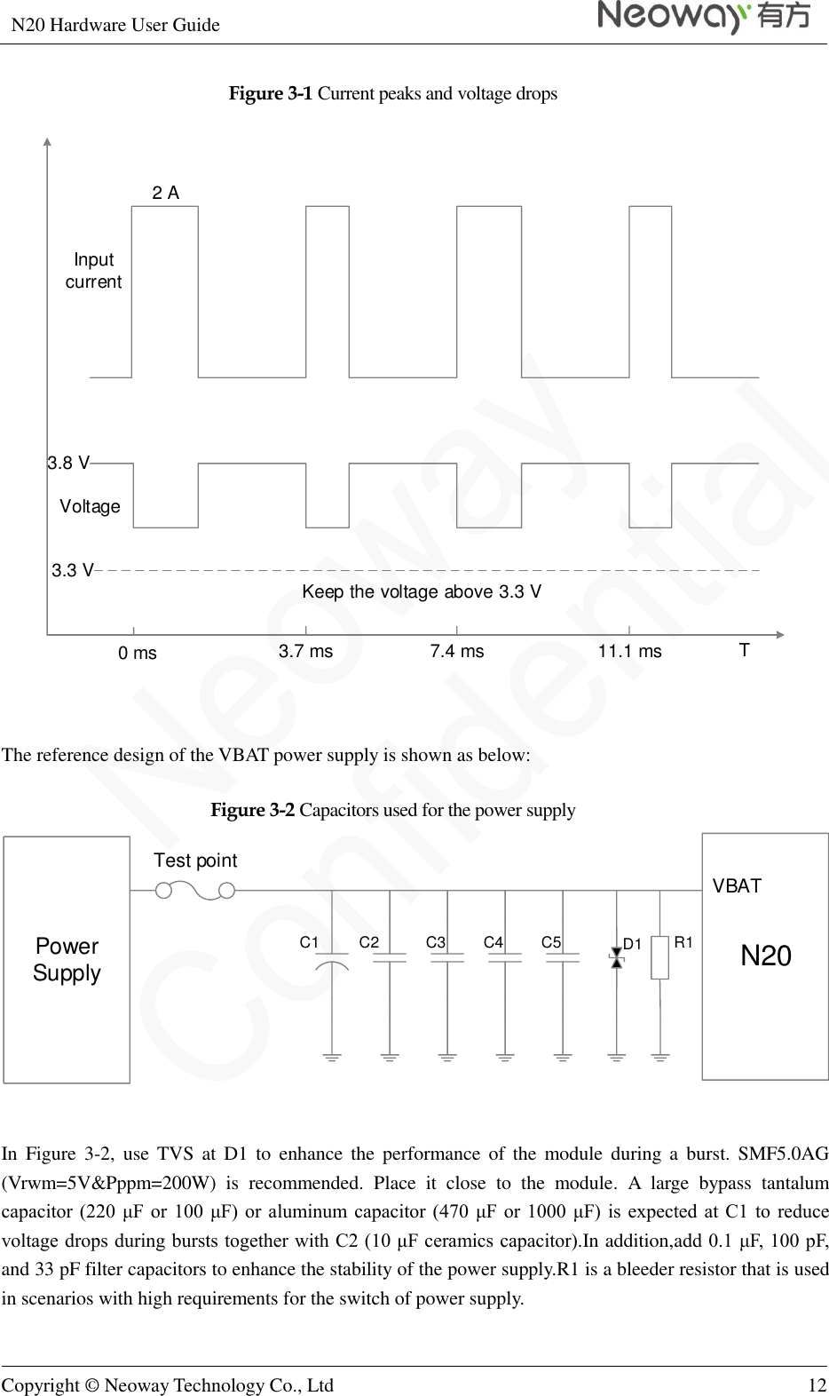 N20 Hardware User Guide   Copyright © Neoway Technology Co., Ltd 12  Figure 3-1 Current peaks and voltage drops Keep the voltage above 3.3 V3.3 V0 ms 3.7 ms 7.4 ms 11.1 ms T2 AVoltageInput current3.8 V  The reference design of the VBAT power supply is shown as below: Figure 3-2 Capacitors used for the power supply Power Supply N20VBATR1D1C1 C2 C3 C4 C5Test point  In  Figure  3-2,  use  TVS  at  D1  to  enhance  the  performance of  the  module  during  a  burst.  SMF5.0AG (Vrwm=5V&amp;Pppm=200W)  is  recommended.  Place  it  close  to  the  module.  A  large  bypass  tantalum capacitor (220 μF or 100 μF) or aluminum capacitor (470  μF  or  1000 μF) is expected at  C1  to reduce voltage drops during bursts together with C2 (10 μF ceramics capacitor).In addition,add 0.1 μF, 100 pF, and 33 pF filter capacitors to enhance the stability of the power supply.R1 is a bleeder resistor that is used in scenarios with high requirements for the switch of power supply. 