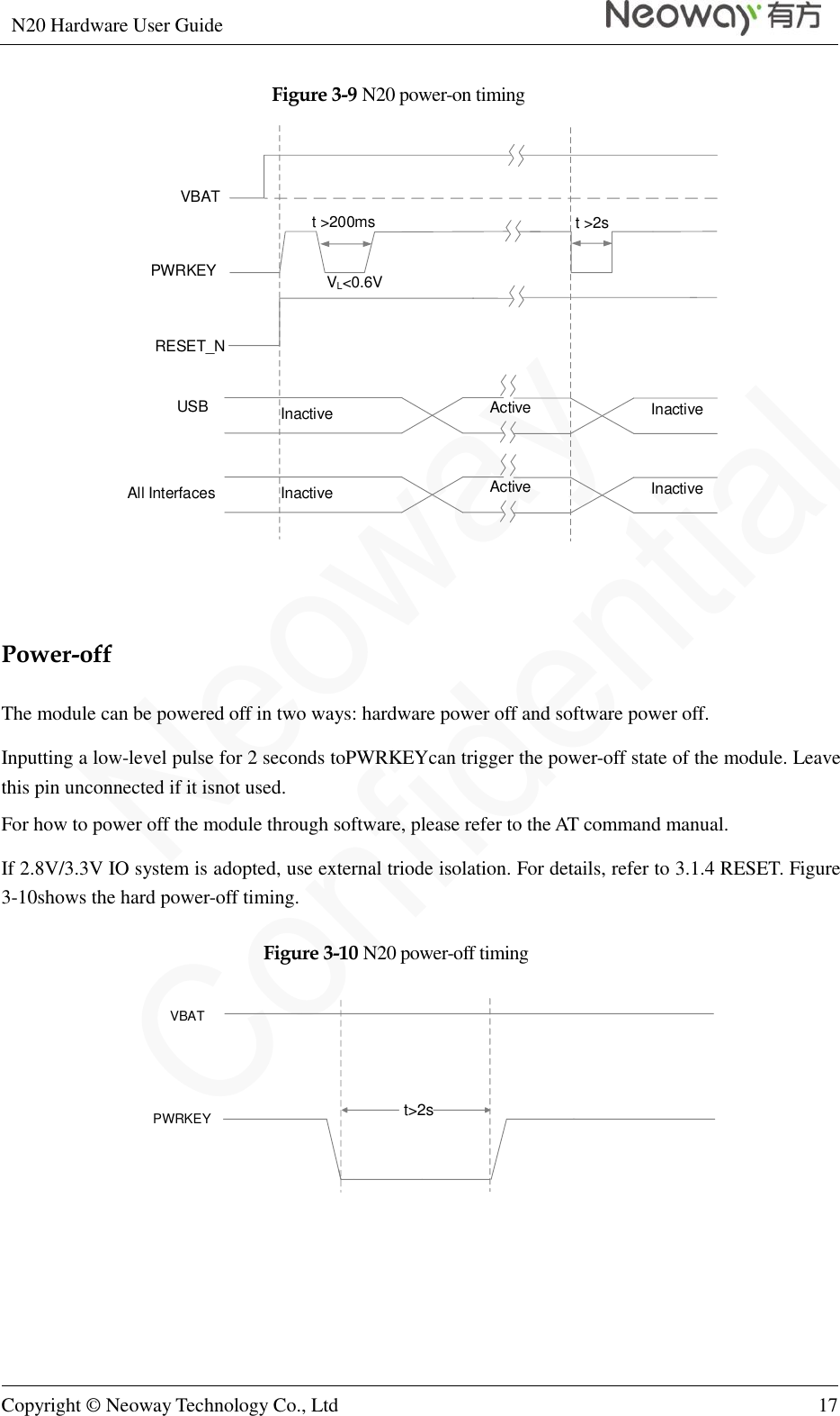 N20 Hardware User Guide   Copyright © Neoway Technology Co., Ltd 17  Figure 3-9 N20 power-on timing VBATRESET_Nt &gt;200msVL&lt;0.6VUSBt &gt;2sInactive Active InactiveInactive Active InactiveAll InterfacesPWRKEY  Power-off The module can be powered off in two ways: hardware power off and software power off.   Inputting a low-level pulse for 2 seconds toPWRKEYcan trigger the power-off state of the module. Leave this pin unconnected if it isnot used. For how to power off the module through software, please refer to the AT command manual. If 2.8V/3.3V IO system is adopted, use external triode isolation. For details, refer to 3.1.4 RESET. Figure 3-10shows the hard power-off timing. Figure 3-10 N20 power-off timing VBAT t&gt;2sPWRKEY  