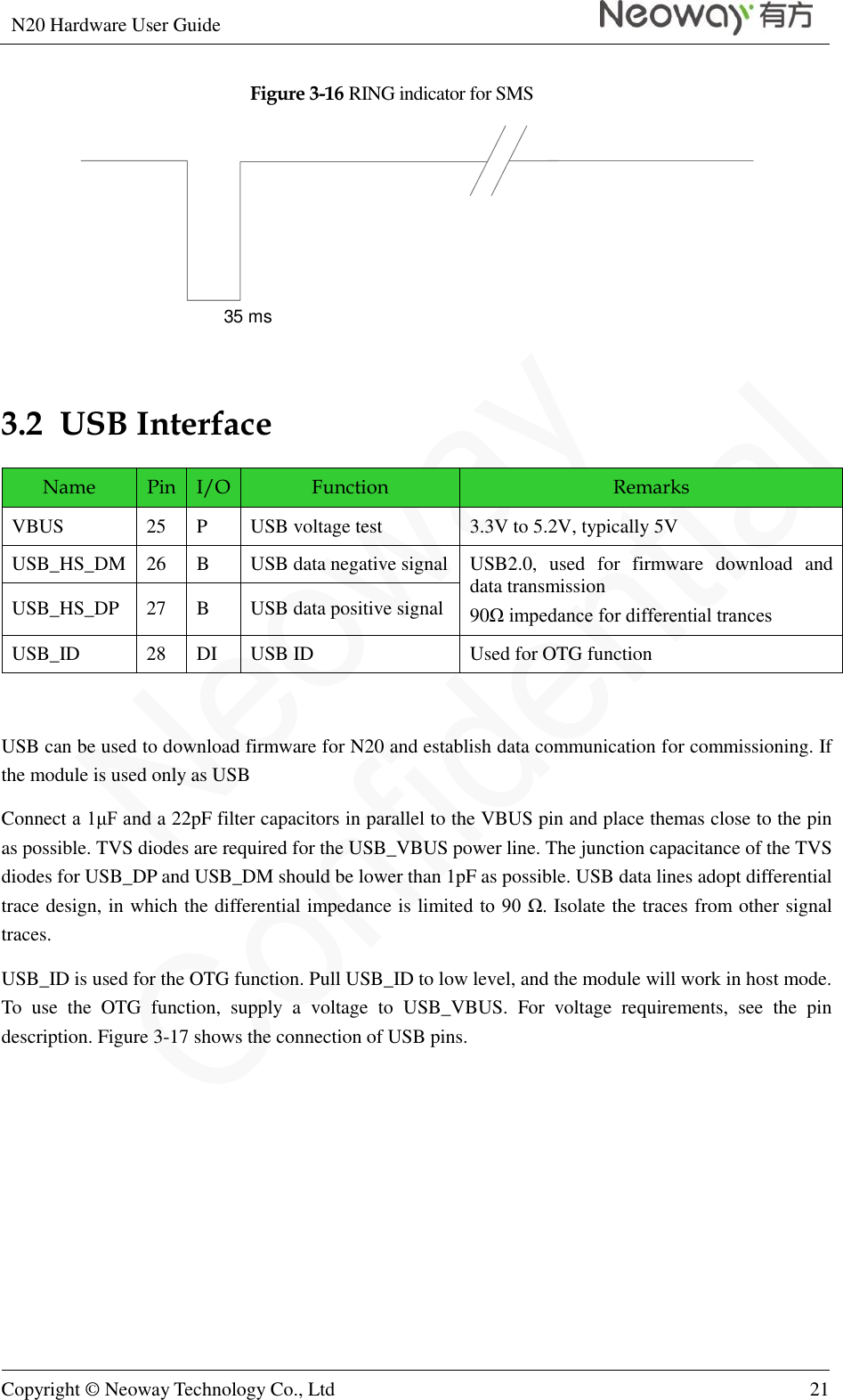 N20 Hardware User Guide   Copyright © Neoway Technology Co., Ltd 21  Figure 3-16 RING indicator for SMS 35 ms  3.2  USB Interface Name Pin I/O Function Remarks VBUS 25 P USB voltage test 3.3V to 5.2V, typically 5V USB_HS_DM 26 B USB data negative signal USB2.0,  used  for  firmware  download  and data transmission 90Ω impedance for differential trances USB_HS_DP 27 B USB data positive signal USB_ID 28 DI USB ID Used for OTG function  USB can be used to download firmware for N20 and establish data communication for commissioning. If the module is used only as USB   Connect a 1μF and a 22pF filter capacitors in parallel to the VBUS pin and place themas close to the pin as possible. TVS diodes are required for the USB_VBUS power line. The junction capacitance of the TVS diodes for USB_DP and USB_DM should be lower than 1pF as possible. USB data lines adopt differential trace design, in which the differential impedance is limited to 90 Ω. Isolate the traces from other signal traces. USB_ID is used for the OTG function. Pull USB_ID to low level, and the module will work in host mode. To  use  the  OTG  function,  supply  a  voltage  to  USB_VBUS.  For  voltage  requirements,  see  the  pin description. Figure 3-17 shows the connection of USB pins. 