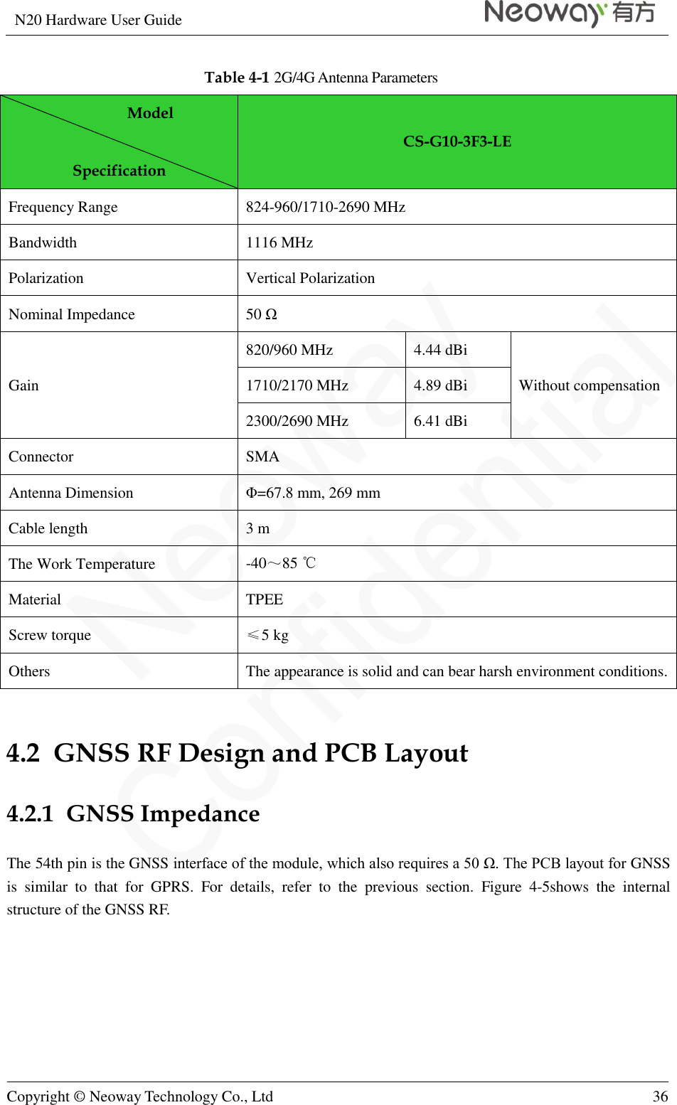 N20 Hardware User Guide   Copyright © Neoway Technology Co., Ltd 36  Table 4-1 2G/4G Antenna Parameters         Model  Specification CS-G10-3F3-LE Frequency Range 824-960/1710-2690 MHz Bandwidth 1116 MHz Polarization Vertical Polarization   Nominal Impedance 50 Ω Gain 820/960 MHz 4.44 dBi Without compensation 1710/2170 MHz 4.89 dBi 2300/2690 MHz 6.41 dBi Connector SMA Antenna Dimension Φ=67.8 mm, 269 mm Cable length 3 m The Work Temperature -40～85 ℃ Material TPEE Screw torque ≤5 kg Others The appearance is solid and can bear harsh environment conditions.    4.2  GNSS RF Design and PCB Layout 4.2.1  GNSS Impedance The 54th pin is the GNSS interface of the module, which also requires a 50 Ω. The PCB layout for GNSS is  similar  to  that  for  GPRS.  For  details,  refer  to  the  previous  section.  Figure  4-5shows  the  internal structure of the GNSS RF. 