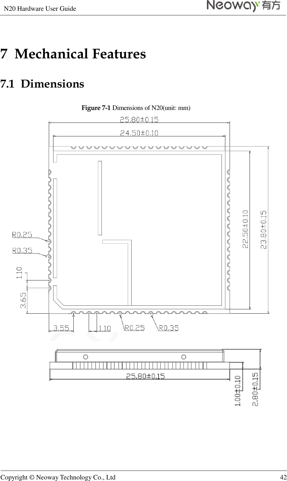 N20 Hardware User Guide   Copyright © Neoway Technology Co., Ltd 42  7  Mechanical Features 7.1  Dimensions Figure 7-1 Dimensions of N20(unit: mm)    