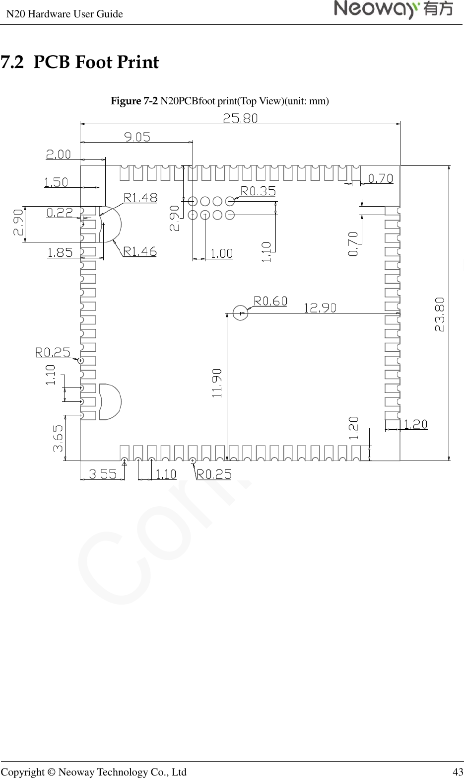 N20 Hardware User Guide   Copyright © Neoway Technology Co., Ltd 43  7.2  PCB Foot Print Figure 7-2 N20PCBfoot print(Top View)(unit: mm)  