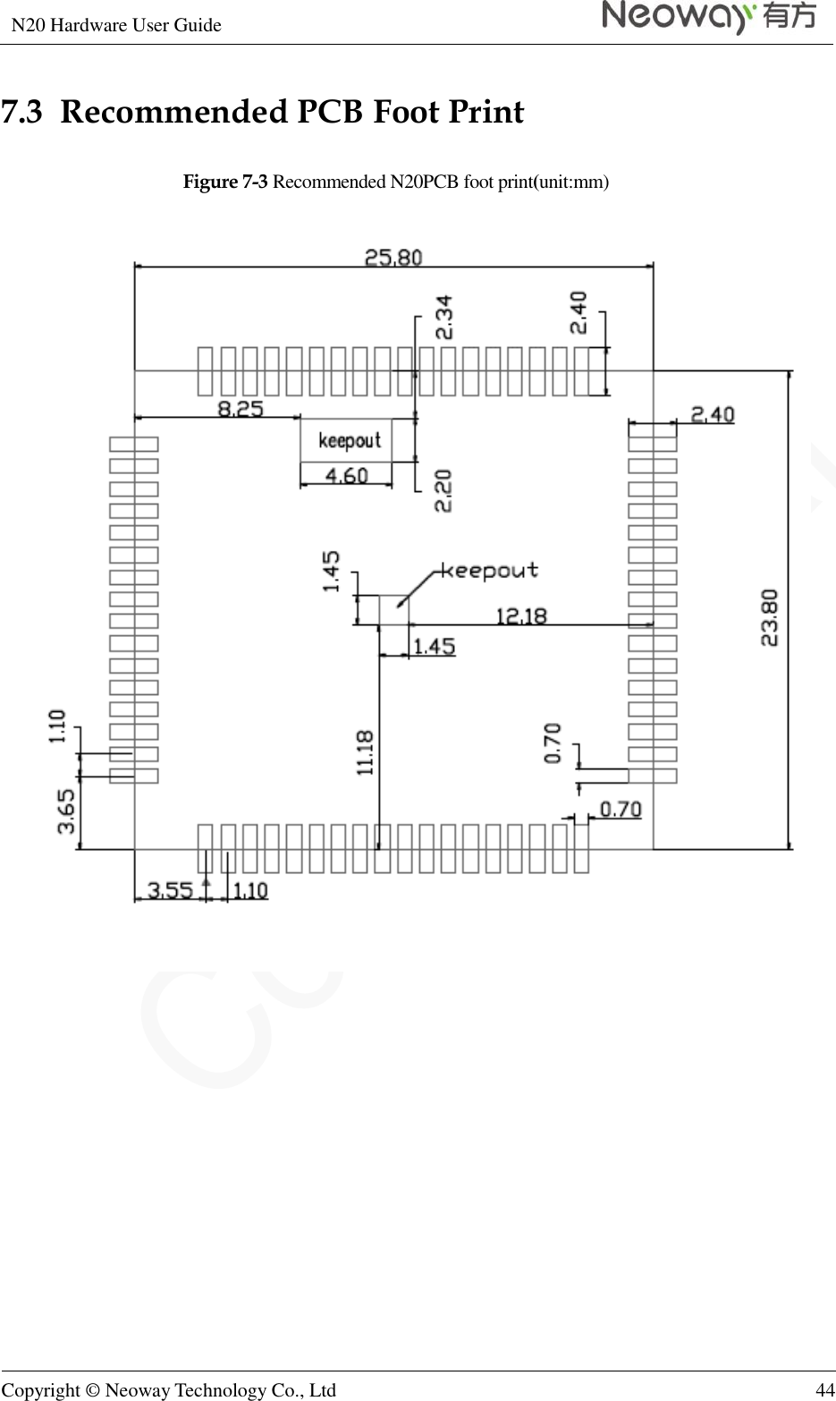 N20 Hardware User Guide   Copyright © Neoway Technology Co., Ltd 44  7.3  Recommended PCB Foot Print Figure 7-3 Recommended N20PCB foot print(unit:mm)  