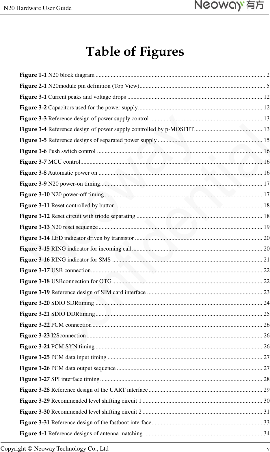 N20 Hardware User Guide   Copyright © Neoway Technology Co., Ltd v  Table of Figures Figure 1-1 N20 block diagram ................................................................................................................ 2 Figure 2-1 N20module pin definition (Top View)................................................................................... 5 Figure 3-1 Current peaks and voltage drops ......................................................................................... 12 Figure 3-2 Capacitors used for the power supply .................................................................................. 12 Figure 3-3 Reference design of power supply control .......................................................................... 13 Figure 3-4 Reference design of power supply controlled by p-MOSFET ............................................. 13 Figure 3-5 Reference designs of separated power supply ..................................................................... 15 Figure 3-6 Push switch control ............................................................................................................. 16 Figure 3-7 MCU control........................................................................................................................ 16 Figure 3-8 Automatic power on ............................................................................................................ 16 Figure 3-9 N20 power-on timing........................................................................................................... 17 Figure 3-10 N20 power-off timing ........................................................................................................ 17 Figure 3-11 Reset controlled by button ................................................................................................. 18 Figure 3-12 Reset circuit with triode separating ................................................................................... 18 Figure 3-13 N20 reset sequence ............................................................................................................ 19 Figure 3-14 LED indicator driven by transistor .................................................................................... 20 Figure 3-15 RING indicator for incoming call ...................................................................................... 20 Figure 3-16 RING indicator for SMS ................................................................................................... 21 Figure 3-17 USB connection ................................................................................................................. 22 Figure 3-18 USBconnection for OTG ................................................................................................... 22 Figure 3-19 Reference design of SIM card interface ............................................................................ 23 Figure 3-20 SDIO SDRtiming .............................................................................................................. 24 Figure 3-21 SDIO DDRtiming .............................................................................................................. 25 Figure 3-22 PCM connection ................................................................................................................ 26 Figure 3-23 I2Sconnection .................................................................................................................... 26 Figure 3-24 PCM SYN timing .............................................................................................................. 26 Figure 3-25 PCM data input timing ...................................................................................................... 27 Figure 3-26 PCM data output sequence ................................................................................................ 27 Figure 3-27 SPI interface timing ........................................................................................................... 28 Figure 3-28 Reference design of the UART interface ........................................................................... 29 Figure 3-29 Recommended level shifting circuit 1 ............................................................................... 30 Figure 3-30 Recommended level shifting circuit 2 ............................................................................... 31 Figure 3-31 Reference design of the fastboot interface ......................................................................... 33 Figure 4-1 Reference designs of antenna matching .............................................................................. 34 