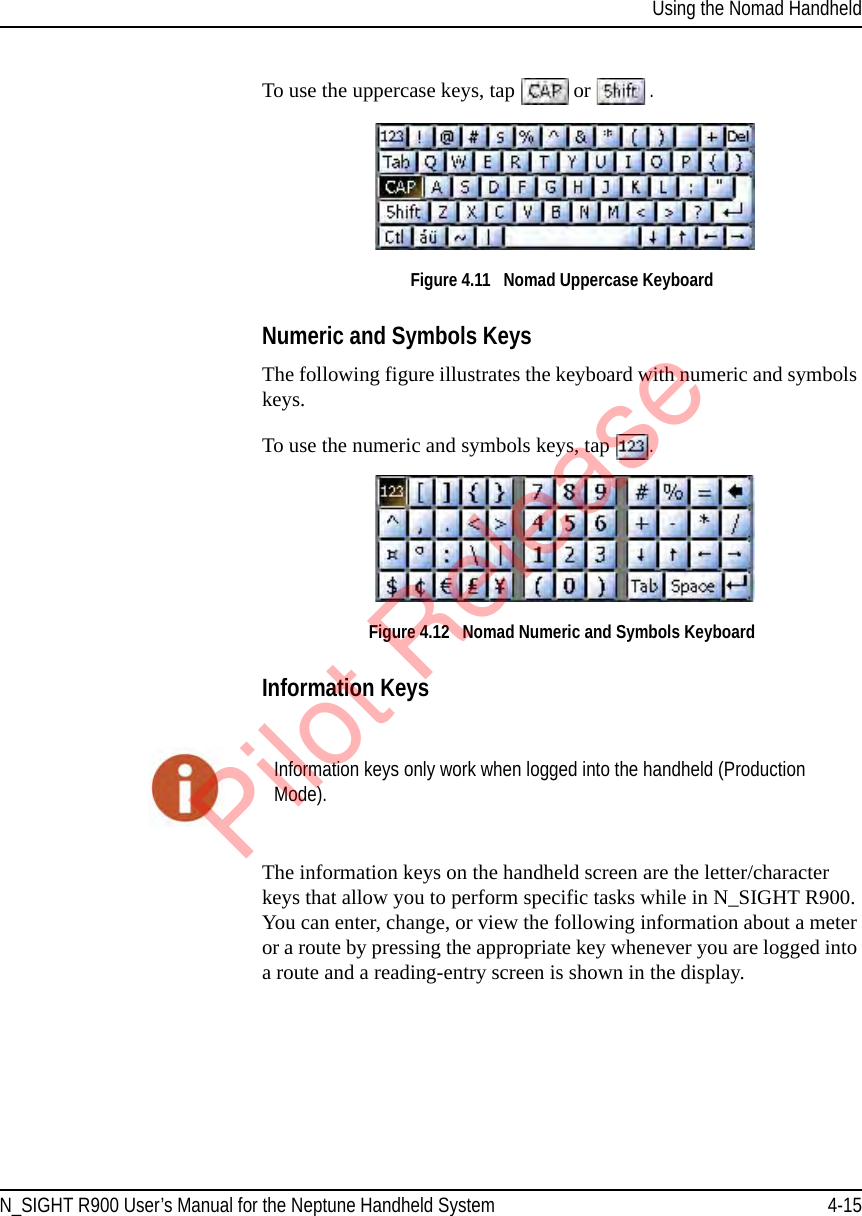 Using the Nomad HandheldN_SIGHT R900 User’s Manual for the Neptune Handheld System 4-15To use the uppercase keys, tap   or . Figure 4.11   Nomad Uppercase Keyboard Numeric and Symbols KeysThe following figure illustrates the keyboard with numeric and symbols keys. To use the numeric and symbols keys, tap  .Figure 4.12   Nomad Numeric and Symbols Keyboard Information KeysThe information keys on the handheld screen are the letter/character keys that allow you to perform specific tasks while in N_SIGHT R900. You can enter, change, or view the following information about a meter or a route by pressing the appropriate key whenever you are logged into a route and a reading-entry screen is shown in the display. Information keys only work when logged into the handheld (Production Mode).Pilot Release