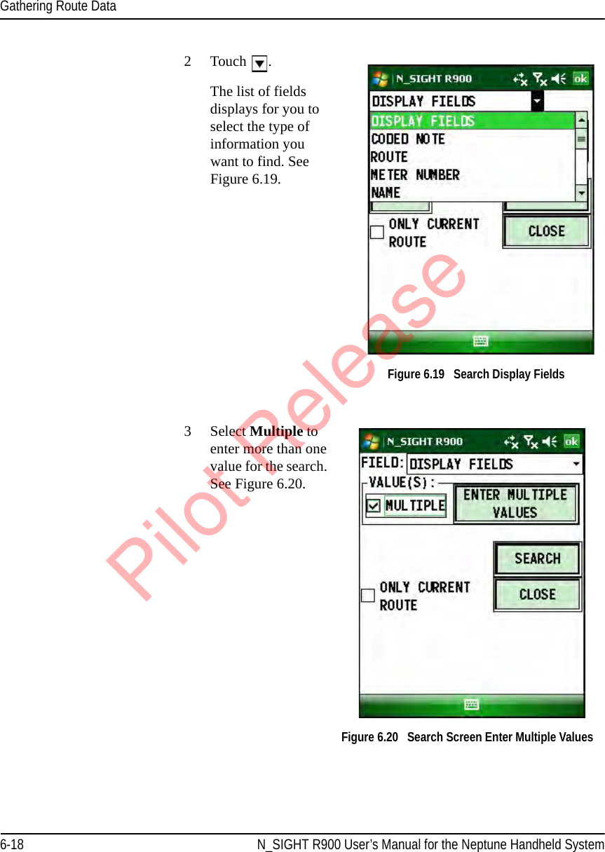 Gathering Route Data6-18 N_SIGHT R900 User’s Manual for the Neptune Handheld System2 Touch  .The list of fields displays for you to select the type of information you want to find. See Figure 6.19.Figure 6.19   Search Display Fields3Select Multiple to enter more than one value for the search. See Figure 6.20.Figure 6.20   Search Screen Enter Multiple Values Pilot Release