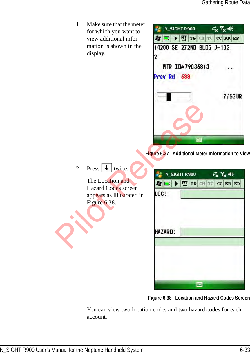 Gathering Route DataN_SIGHT R900 User’s Manual for the Neptune Handheld System 6-331Make sure that the meter for which you want to view additional infor-mation is shown in the display. Figure 6.37   Additional Meter Information to View2Press   twice. The Location and Hazard Codes screen appears as illustrated in Figure 6.38.  Figure 6.38   Location and Hazard Codes ScreenYou can view two location codes and two hazard codes for each account.Pilot Release