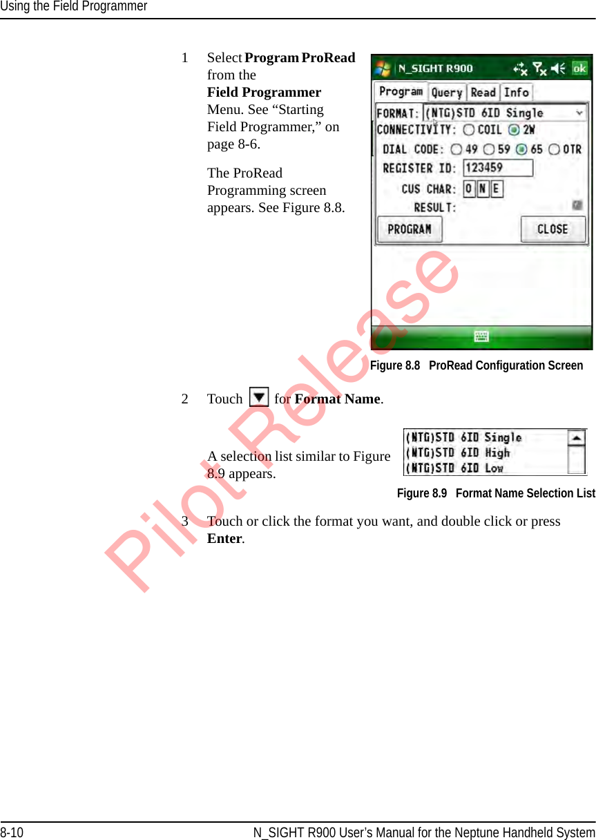 Using the Field Programmer8-10 N_SIGHT R900 User’s Manual for the Neptune Handheld System1Select Program ProRead from the Field Programmer Menu. See “Starting Field Programmer,” on page 8-6.The ProRead Programming screen appears. See Figure 8.8.   Figure 8.8   ProRead Configuration Screen2 Touch   for Format Name. A selection list similar to Figure 8.9 appears. Figure 8.9   Format Name Selection List3 Touch or click the format you want, and double click or press Enter. Pilot Release