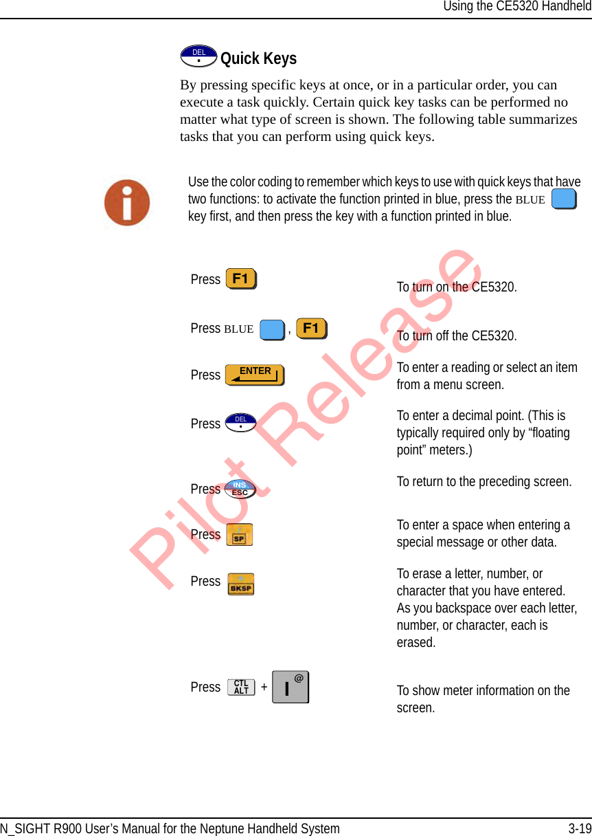 Using the CE5320 HandheldN_SIGHT R900 User’s Manual for the Neptune Handheld System 3-19Quick KeysBy pressing specific keys at once, or in a particular order, you can execute a task quickly. Certain quick key tasks can be performed no matter what type of screen is shown. The following table summarizes tasks that you can perform using quick keys.           DEL.Use the color coding to remember which keys to use with quick keys that have two functions: to activate the function printed in blue, press the BLUE   key first, and then press the key with a function printed in blue.Press   To turn on the CE5320.Press BLUE ,   To turn off the CE5320.Press  To enter a reading or select an item from a menu screen.Press  To enter a decimal point. (This is typically required only by “floating point” meters.)Press  To return to the preceding screen.Press  To enter a space when entering a special message or other data.Press  To erase a letter, number, or character that you have entered. As you backspace over each letter, number, or character, each is erased.Press   +  To show meter information on the screen.F1F1ENTERDEL.DEL.ESCINSCTLALTI@Pilot Release