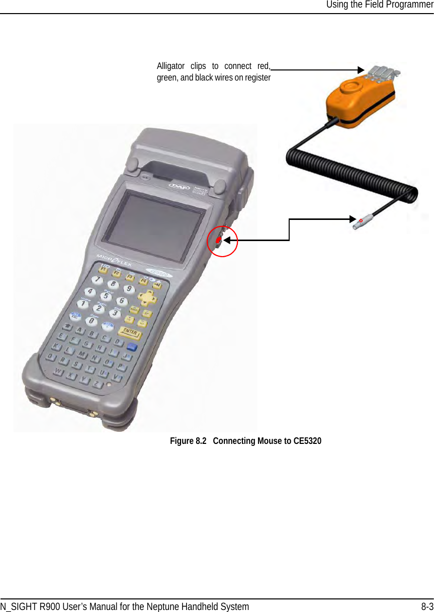 Using the Field ProgrammerN_SIGHT R900 User’s Manual for the Neptune Handheld System 8-3Figure 8.2   Connecting Mouse to CE5320Alligator clips to connect red, green, and black wires on register