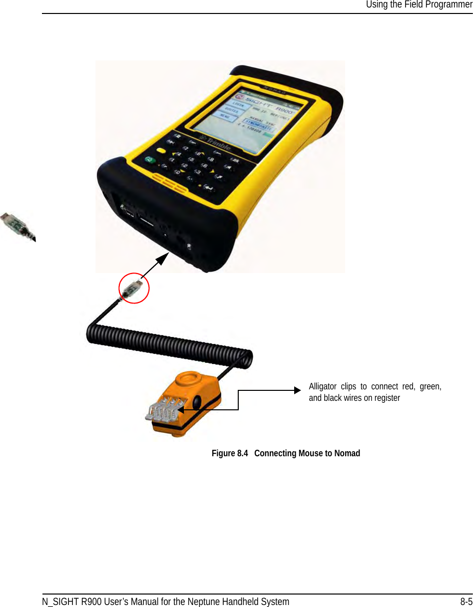 Using the Field ProgrammerN_SIGHT R900 User’s Manual for the Neptune Handheld System 8-5Figure 8.4   Connecting Mouse to NomadAlligator clips to connect red, green, and black wires on register