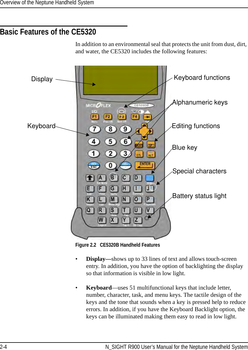 Overview of the Neptune Handheld System2-4 N_SIGHT R900 User’s Manual for the Neptune Handheld SystemBasic Features of the CE5320In addition to an environmental seal that protects the unit from dust, dirt, and water, the CE5320 includes the following features: Figure 2.2   CE5320B Handheld Features•Display—shows up to 33 lines of text and allows touch-screen entry. In addition, you have the option of backlighting the display so that information is visible in low light. •Keyboard—uses 51 multifunctional keys that include letter, number, character, task, and menu keys. The tactile design of the keys and the tone that sounds when a key is pressed help to reduce errors. In addition, if you have the Keyboard Backlight option, the keys can be illuminated making them easy to read in low light. DisplayKeyboardBattery status lightKeyboard functionsAlphanumeric keysEditing functionsBlue keySpecial characters