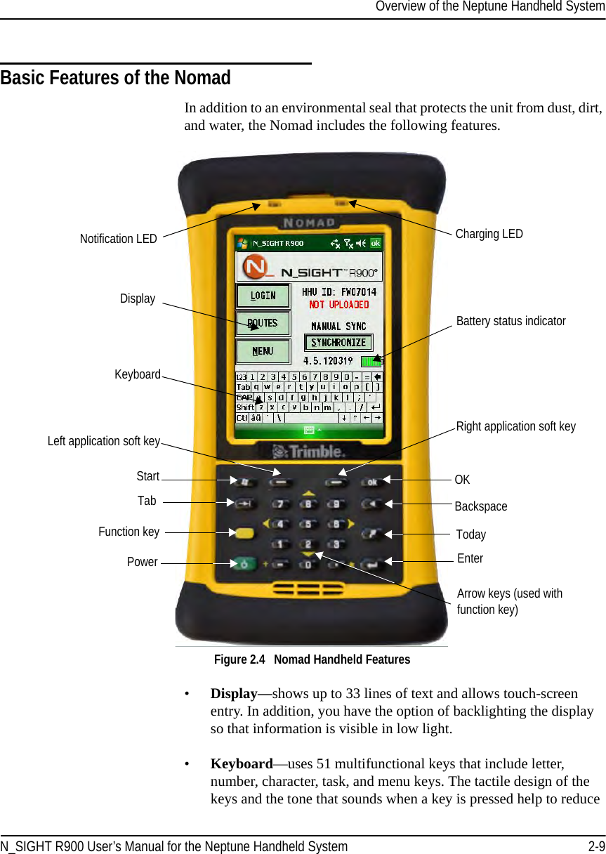 Overview of the Neptune Handheld SystemN_SIGHT R900 User’s Manual for the Neptune Handheld System 2-9Basic Features of the NomadIn addition to an environmental seal that protects the unit from dust, dirt, and water, the Nomad includes the following features. Figure 2.4   Nomad Handheld Features•Display—shows up to 33 lines of text and allows touch-screen entry. In addition, you have the option of backlighting the display so that information is visible in low light. •Keyboard—uses 51 multifunctional keys that include letter, number, character, task, and menu keys. The tactile design of the keys and the tone that sounds when a key is pressed help to reduce DisplayKeyboardBattery status indicatorLeft application soft keyFunction keyStartTabPowerOKBackspaceTodayNotification LEDRight application soft keyEnterArrow keys (used with  function key)Charging LED